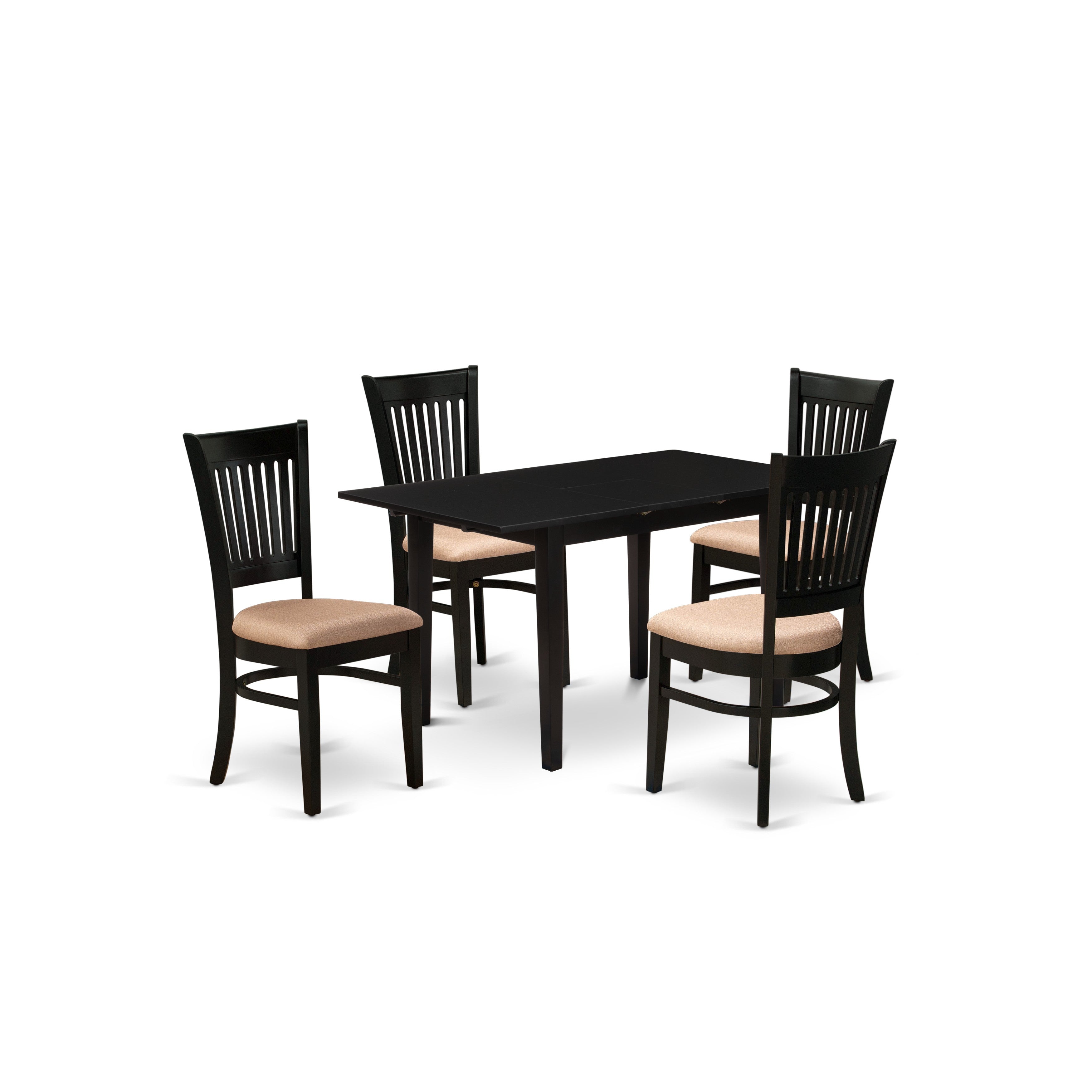 East West Furniture NOVA5-BLK-C 5-Pc Kitchen Set 4 Wood Dining Chairs with Slatted Back and a Linen Fabric Seat and Butterfly Leaf Small Wooden Dining Table with Rectangular Top and 4 Legs- Black Finish