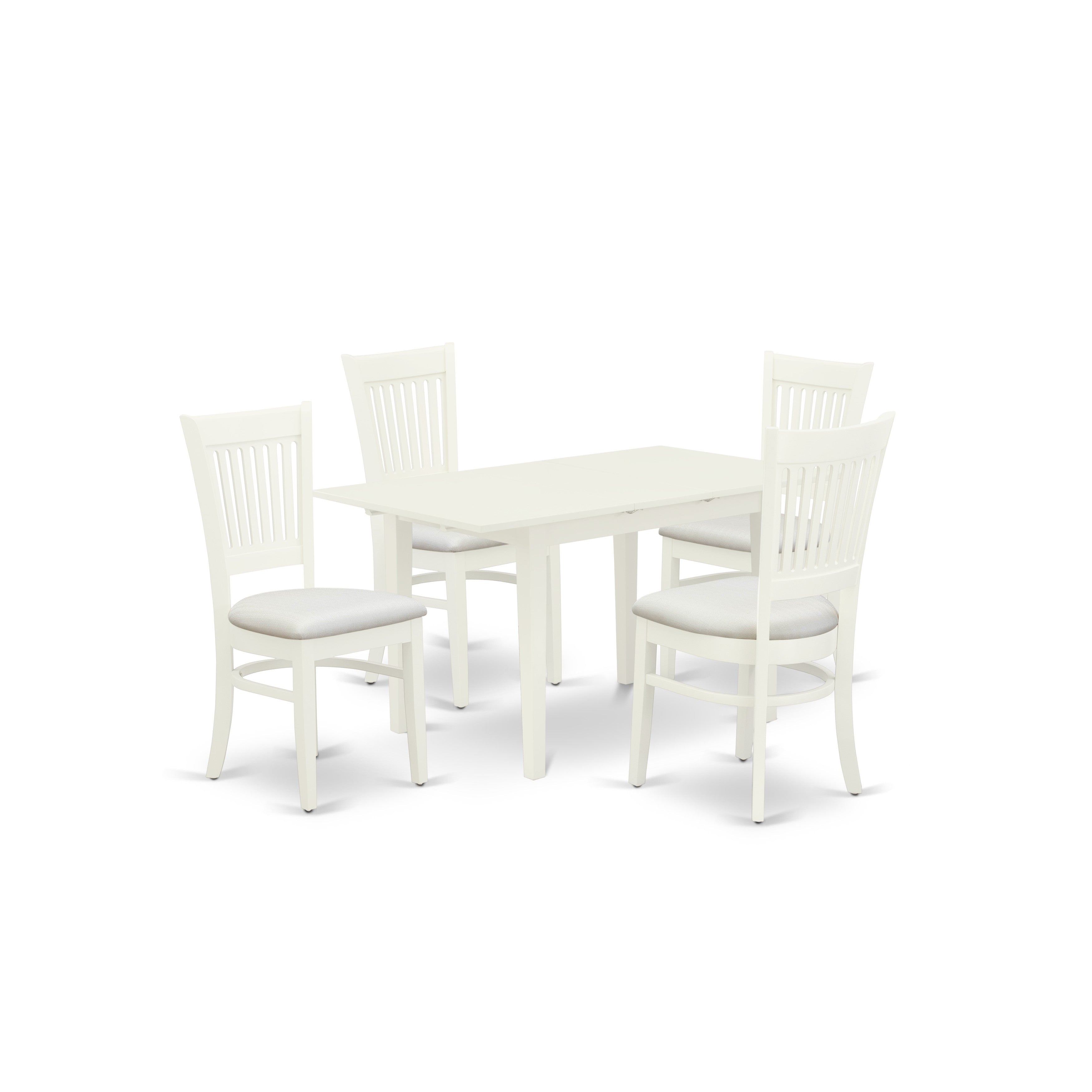 El juego de comedor de 5 piezas NOVA5-LWH-C de East West Furniture incluye una mesa de cocina rectangular con hojas de mariposa y 4 sillas tapizadas en tela de lino.