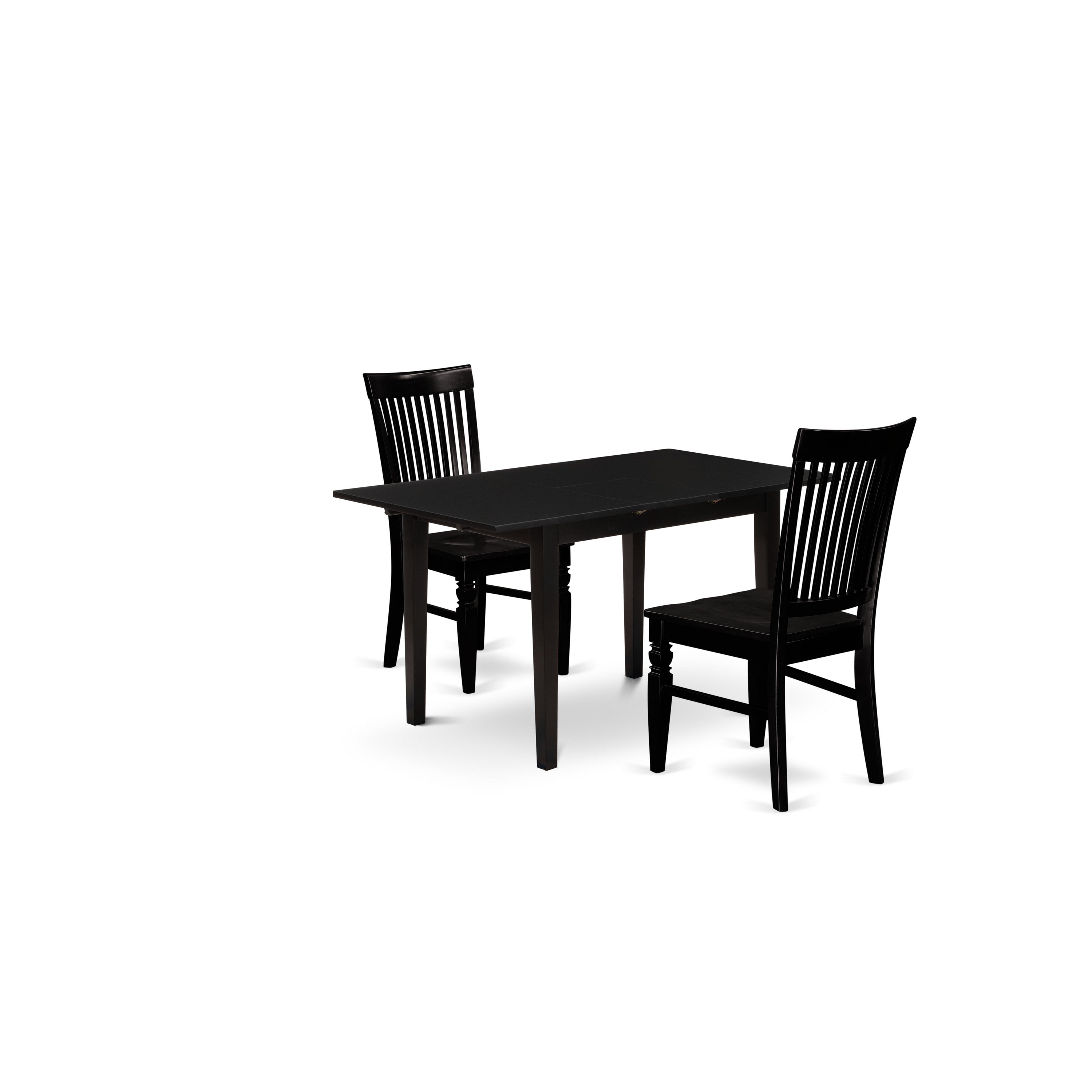 East West Furniture NOWE3-BLK-W 3-Pc Rectangular Dinette Set 2 Dining Room Chairs with Slatted Back and wooden seat and Butterfly Leaf Dining Table with Rectangular Top and 4 Legs- Black Finish