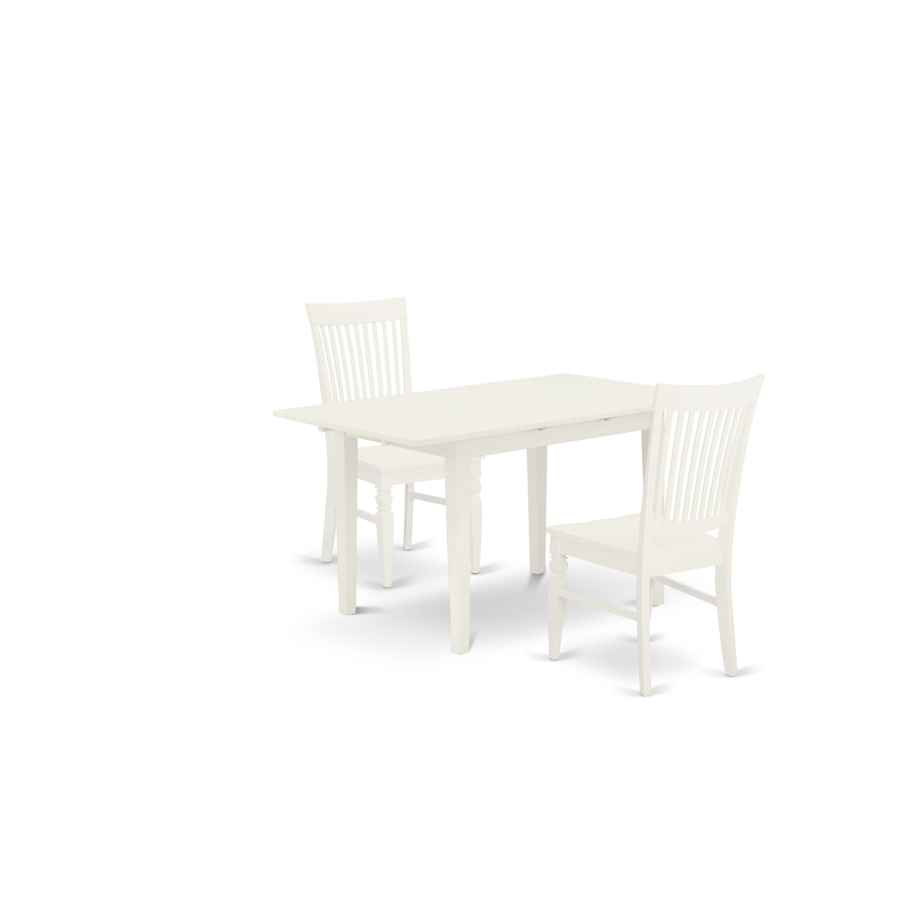 East West Furniture NOWE3-WHI-W 3-Piece kitchen table set 2 kitchen chairs with Slatted Back and wooden seat and Butterfly Leaf dinette table with Rectangular Top and 4 Legs- Linen White Finish