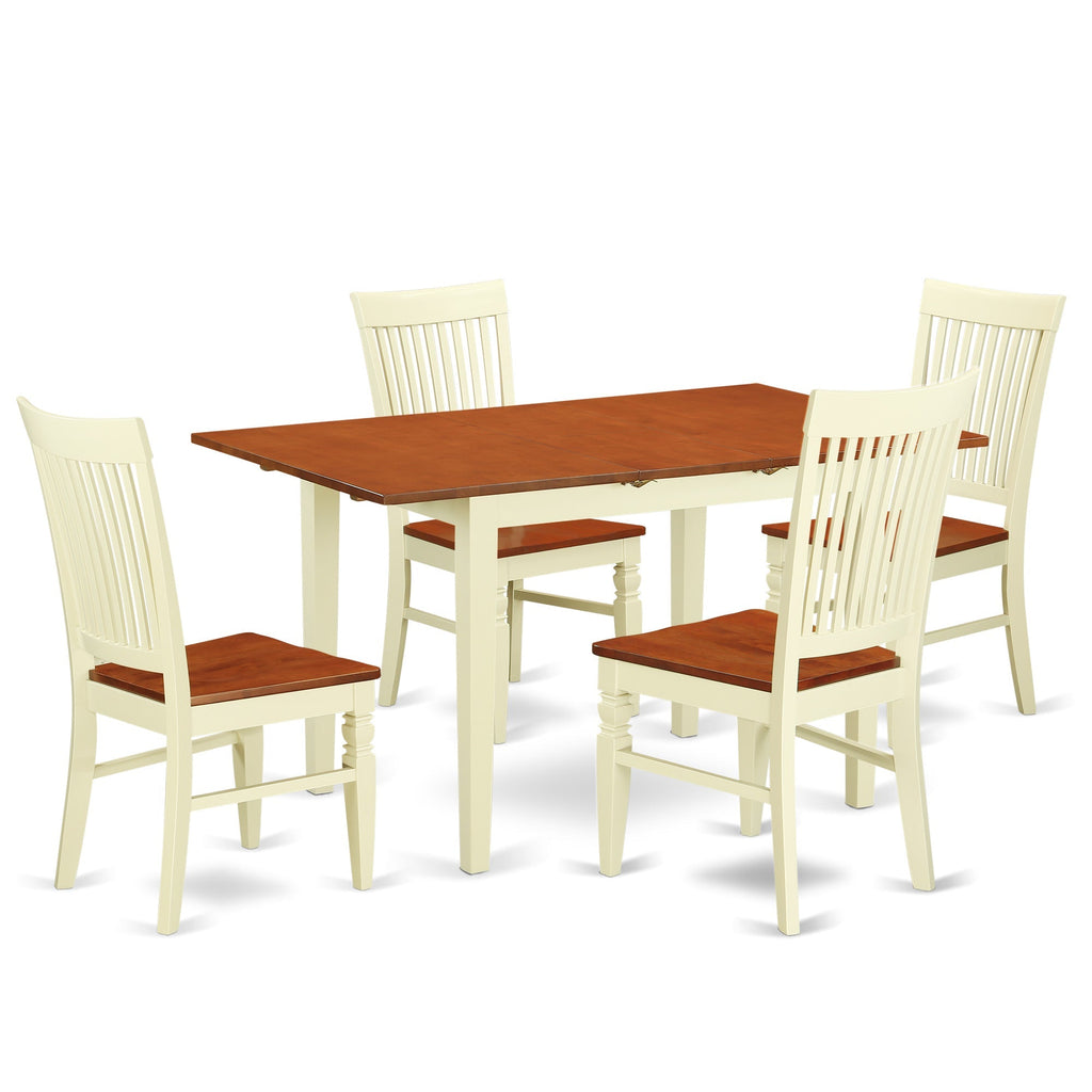 Juego de mesa de comedor de 5 piezas East West Furniture NOWE5-BMK-W para 4 personas. Incluye una mesa de cocina rectangular con diseño de hojas de mariposa y 4 sillas de comedor.