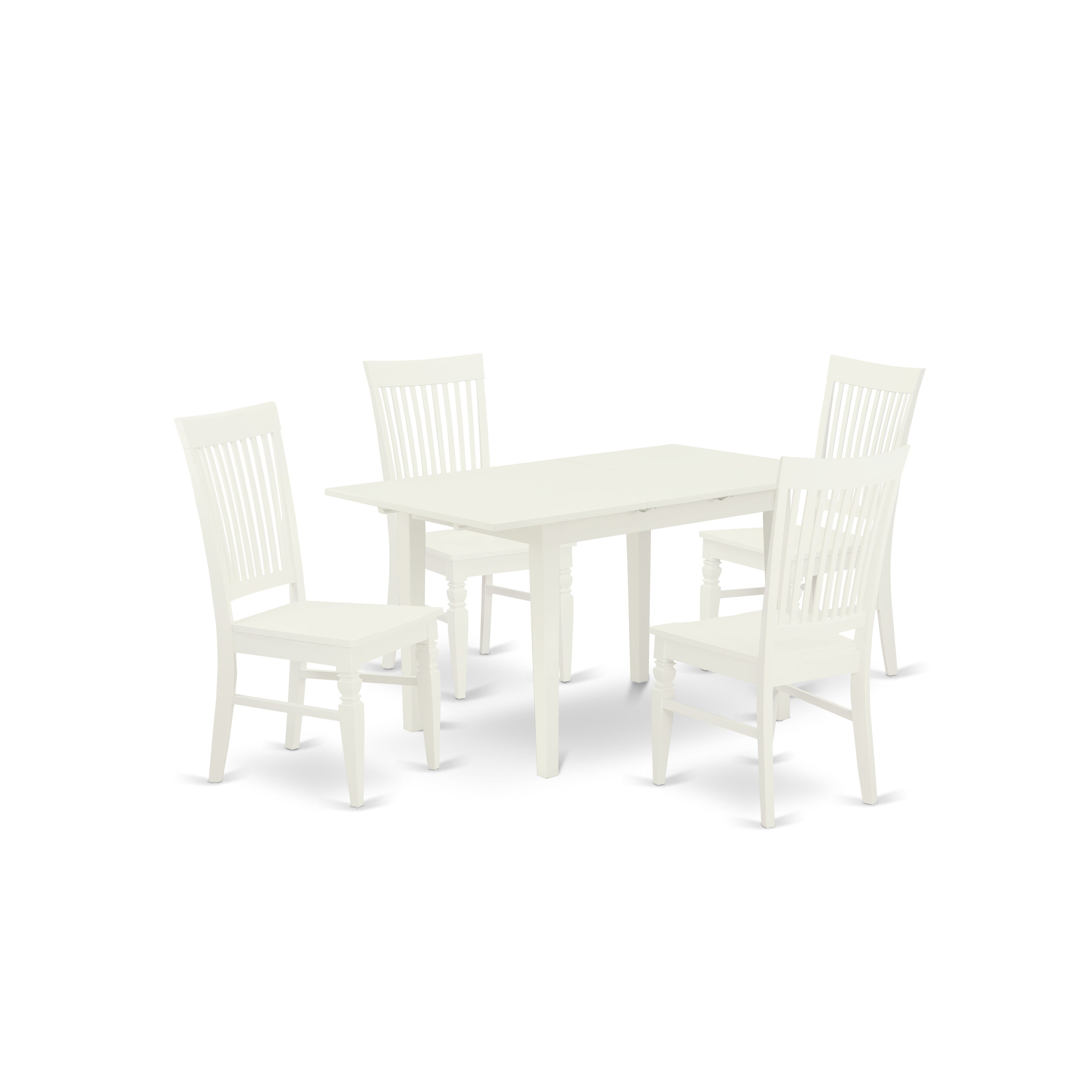 El juego de mesa de comedor moderno de 5 piezas NOWE5-WHI-W de East West Furniture incluye una mesa rectangular de madera con diseño de hojas de mariposa y 4 sillas de comedor.