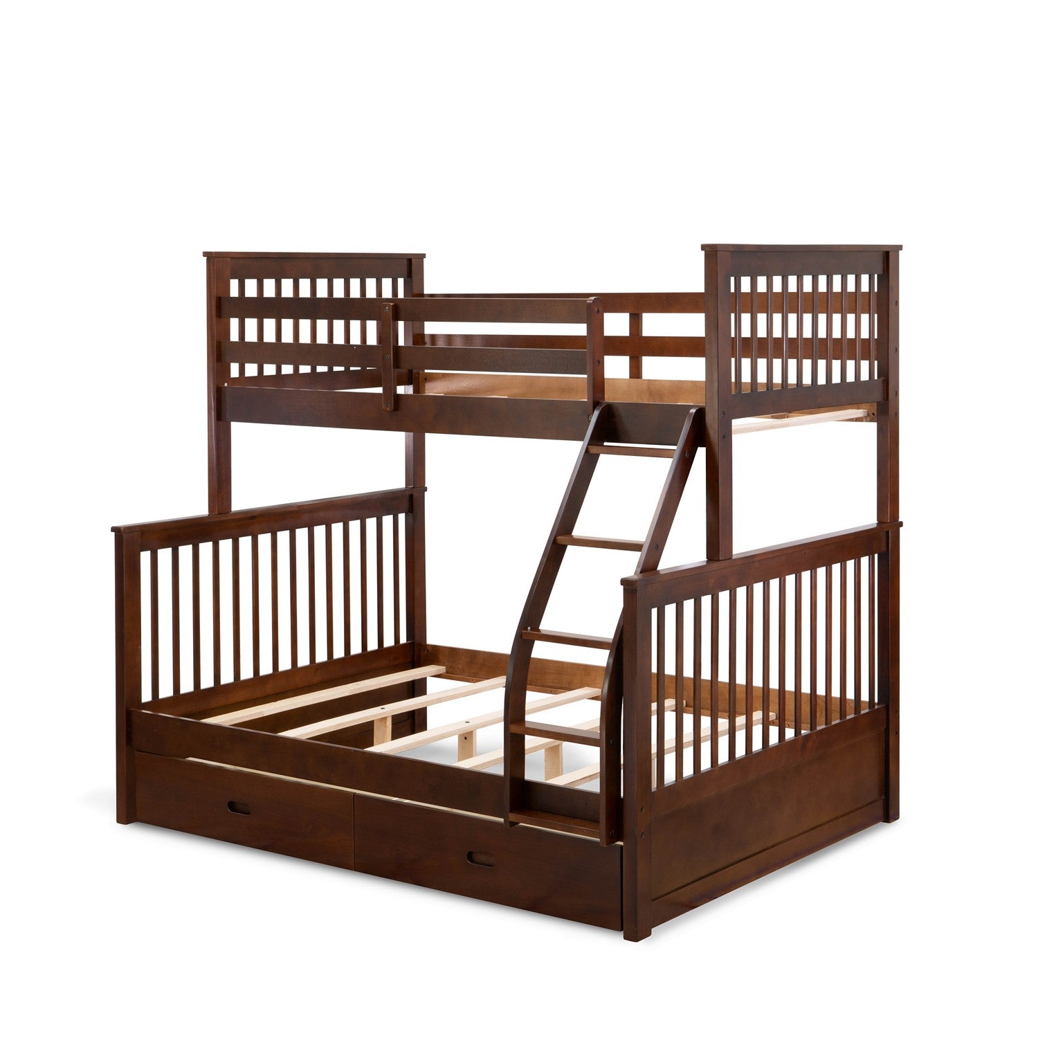 ODB-03-WA lovely twin bed - two split beds, a ladder with five steps and the both beds secure due to guard rails and two drawers- Twin/Full-size bunk bed-Phillip Walnut Finish
