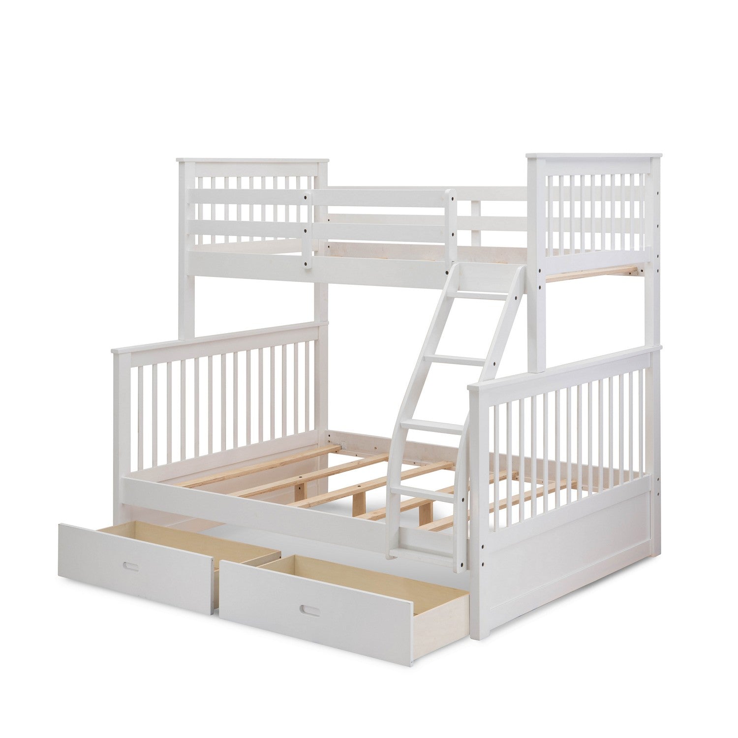 ODB-05-WA gorgeous wood bed - two split beds, a ladder with five steps and the both beds secure due to guard rails and two drawers- Twin/Full-size bunk bed-Linen White Finnish