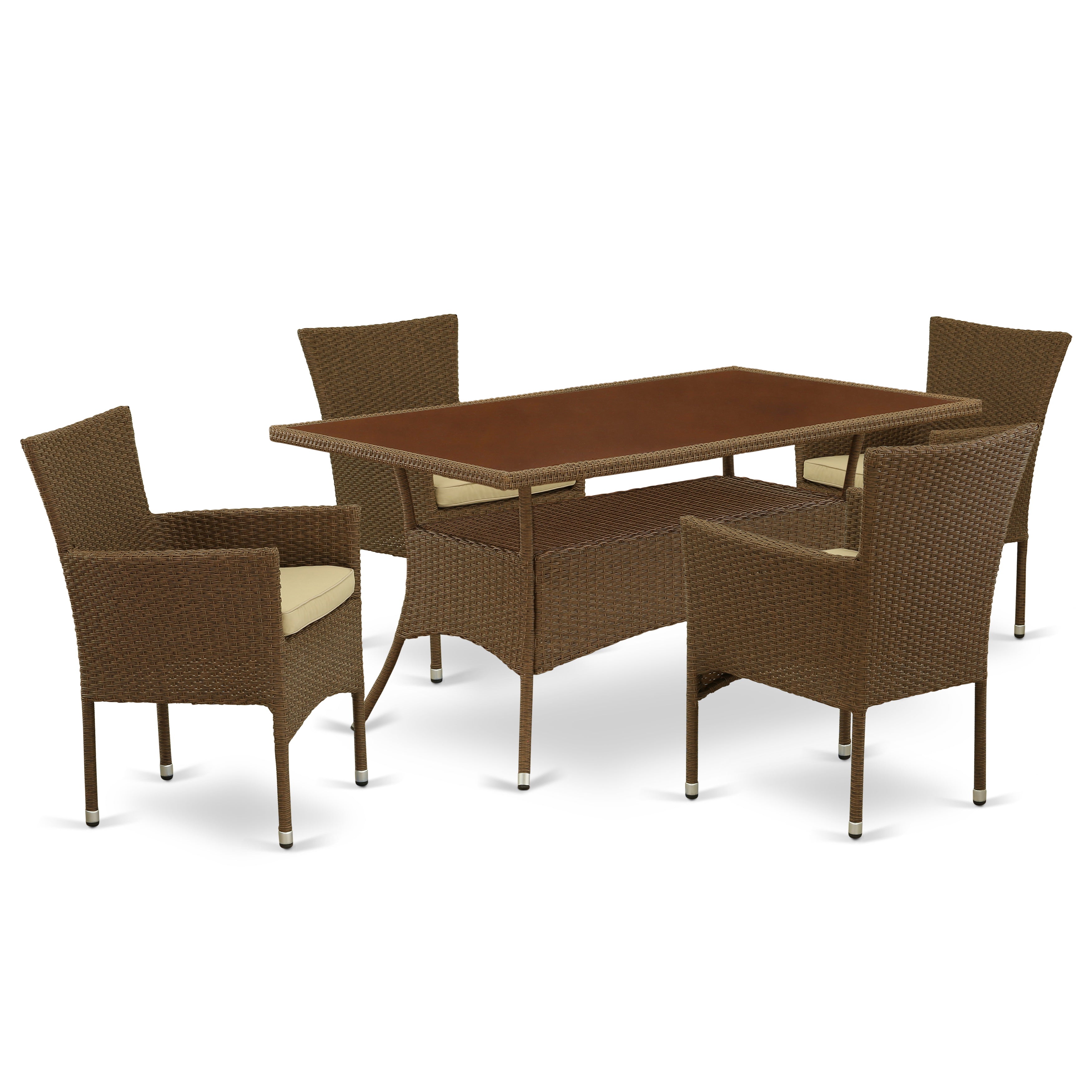 OSBK5-02A 5Pc Outdoor-Furniture Brown Wicker Dining Set Includes a Patio Table and 4 Balcony Backyard Armchair with Linen Fabric Cushion