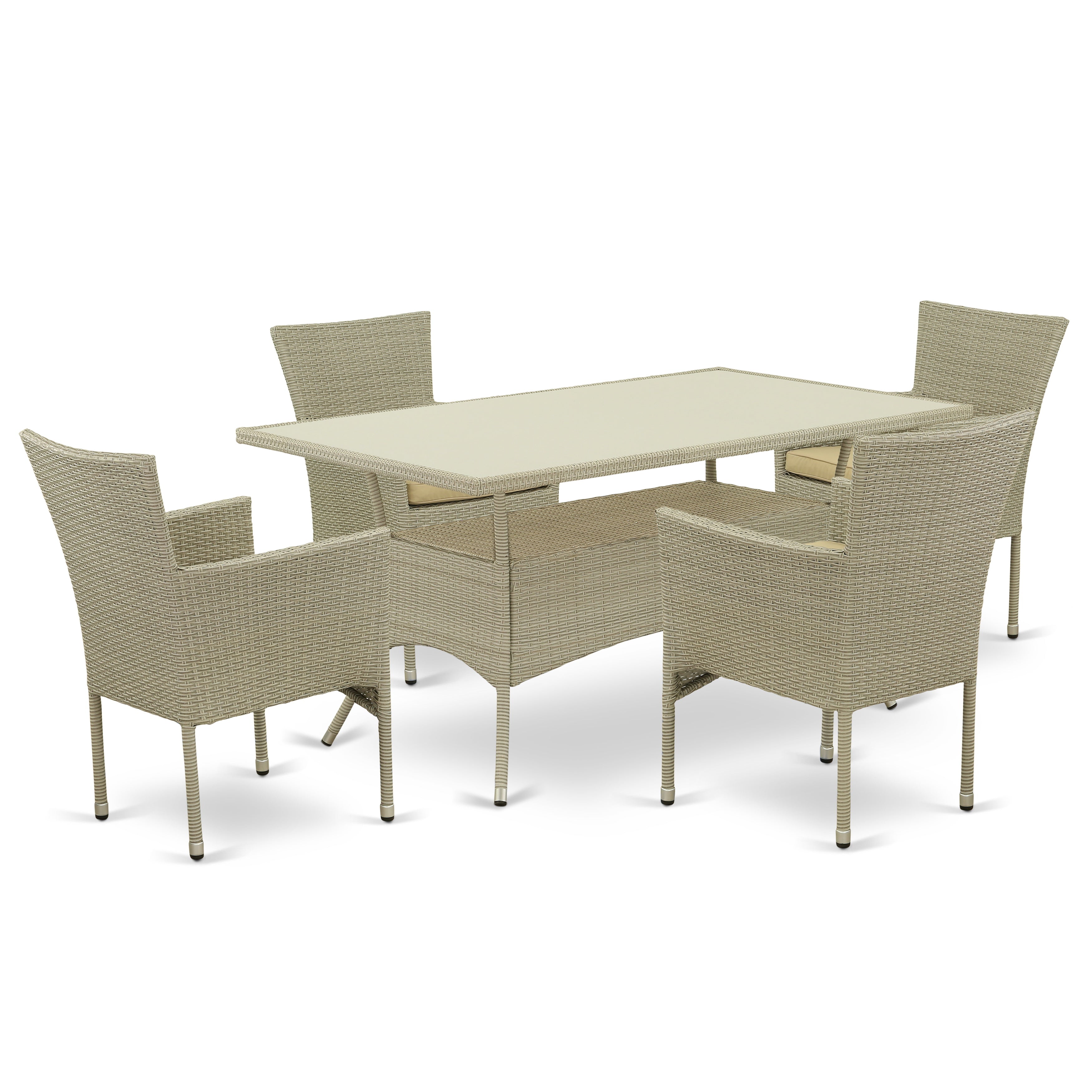 El juego de muebles de patio de mimbre de 5 piezas East West Furniture OSBK5-03A incluye una mesa rectangular para exteriores con cubierta de vidrio y 4 sillones para balcón y patio trasero con cojín.