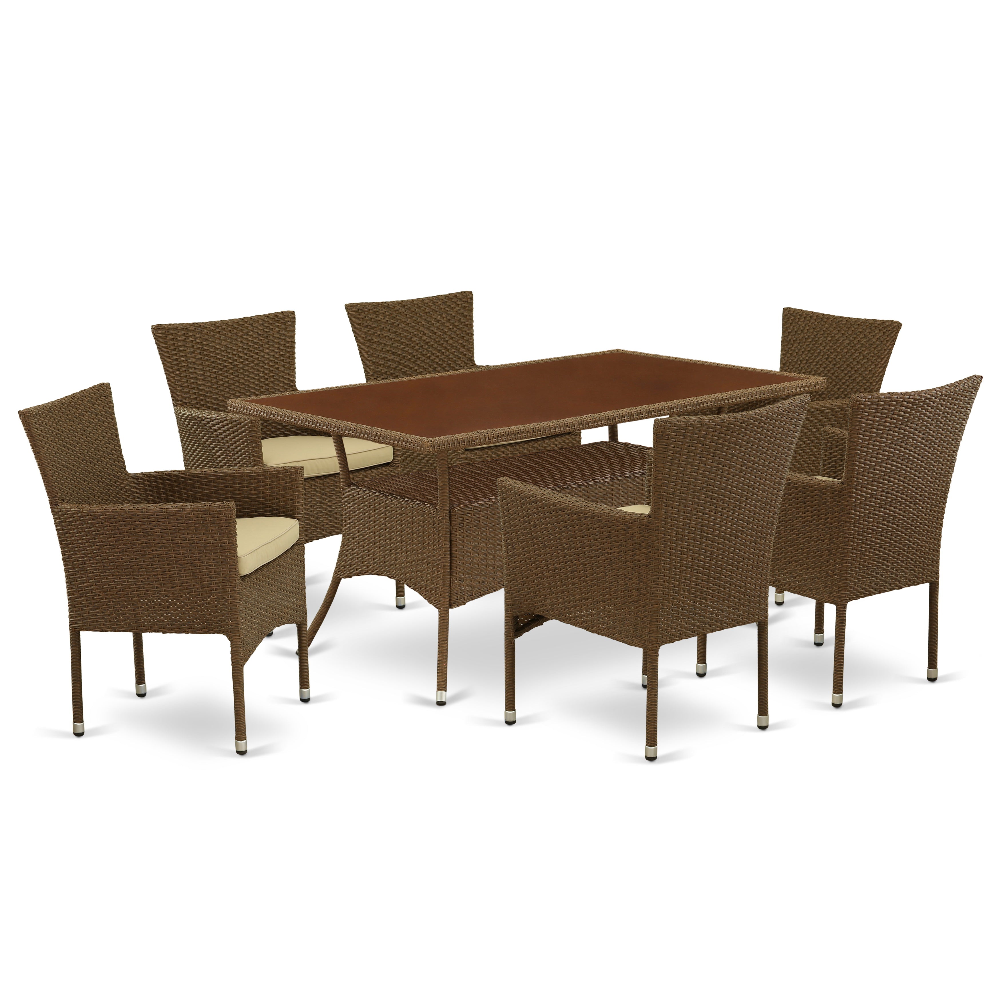 Los juegos de muebles de patio de mimbre para exterior East West Furniture OSBK7-02A de 7 piezas constan de una mesa de bistró rectangular con tapa de vidrio y 6 sillones de balcón con cojín.