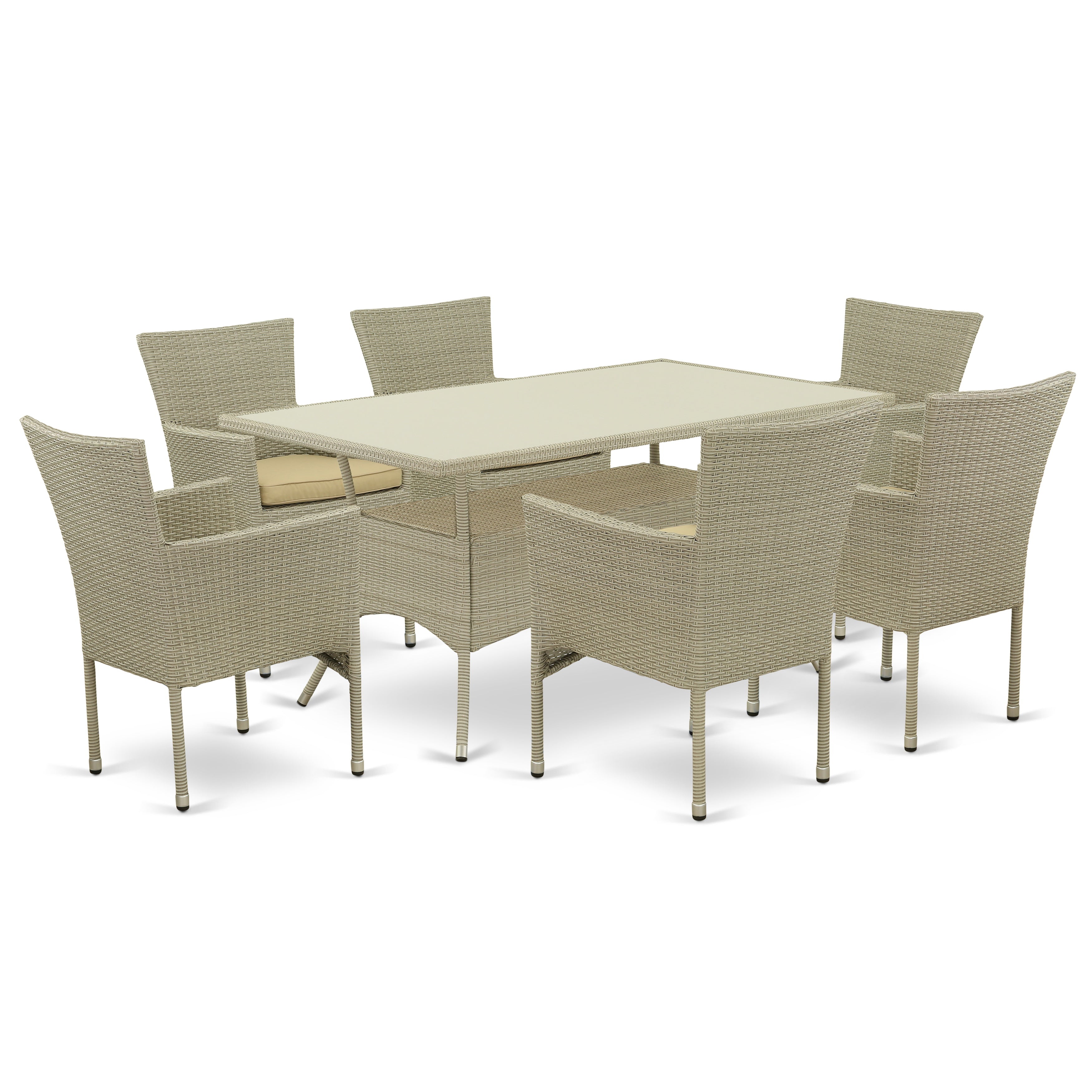 East West Furniture OSBK7-03A Juego de muebles de patio de 7 piezas Juego de mimbre para exterior Incluye una mesa de comedor rectangular con tapa de vidrio y 6 sillones de patio con cojín