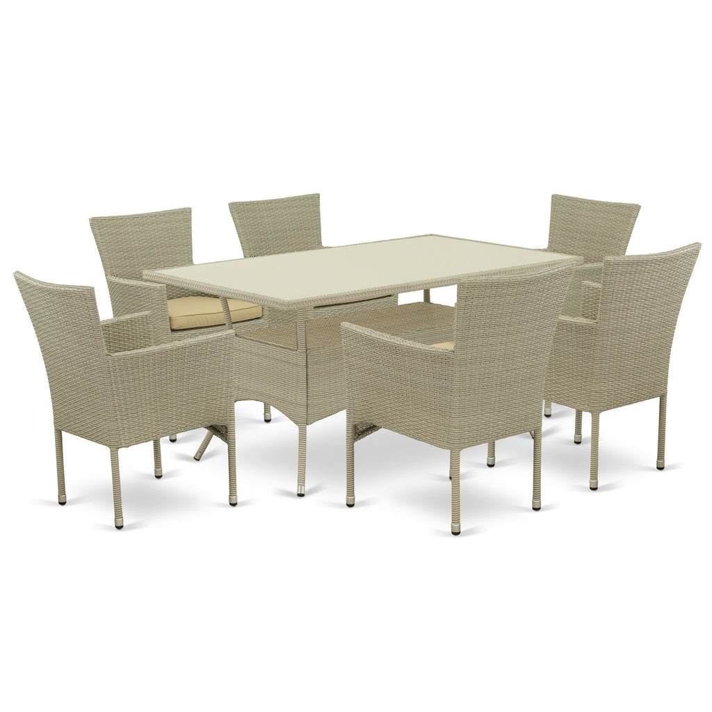 East West Furniture OSBK7-03A 7 Piece Patio Furniture Sets Wicker Outdoor Set Includes a Rectangle Dining Table with Glass Top and 6 Backyard Armchair with Cushion