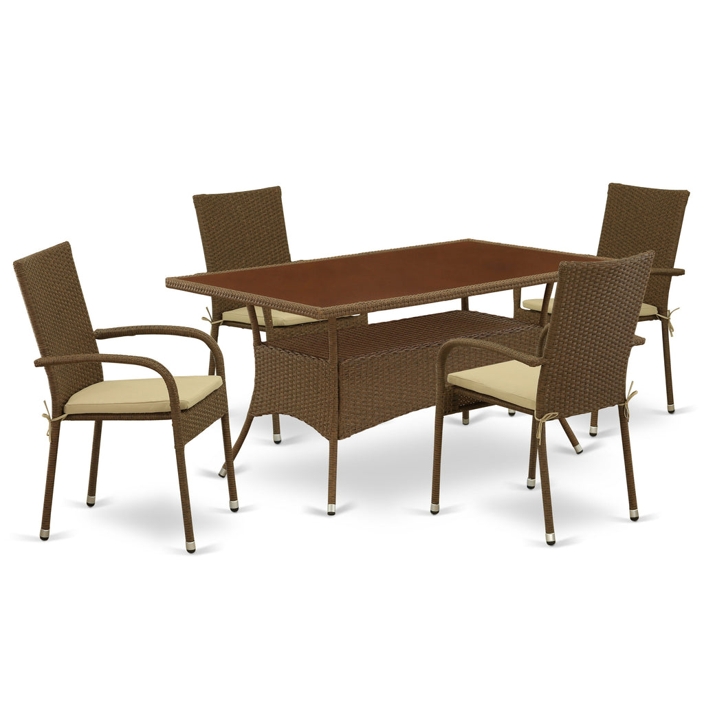 East West Furniture OSGU5-02A 5 Piece Outdoor Patio Conversation Sets Includes a Rectangle Wicker Dining Table with Glass Top and 4 Balcony Armchair with Cushion