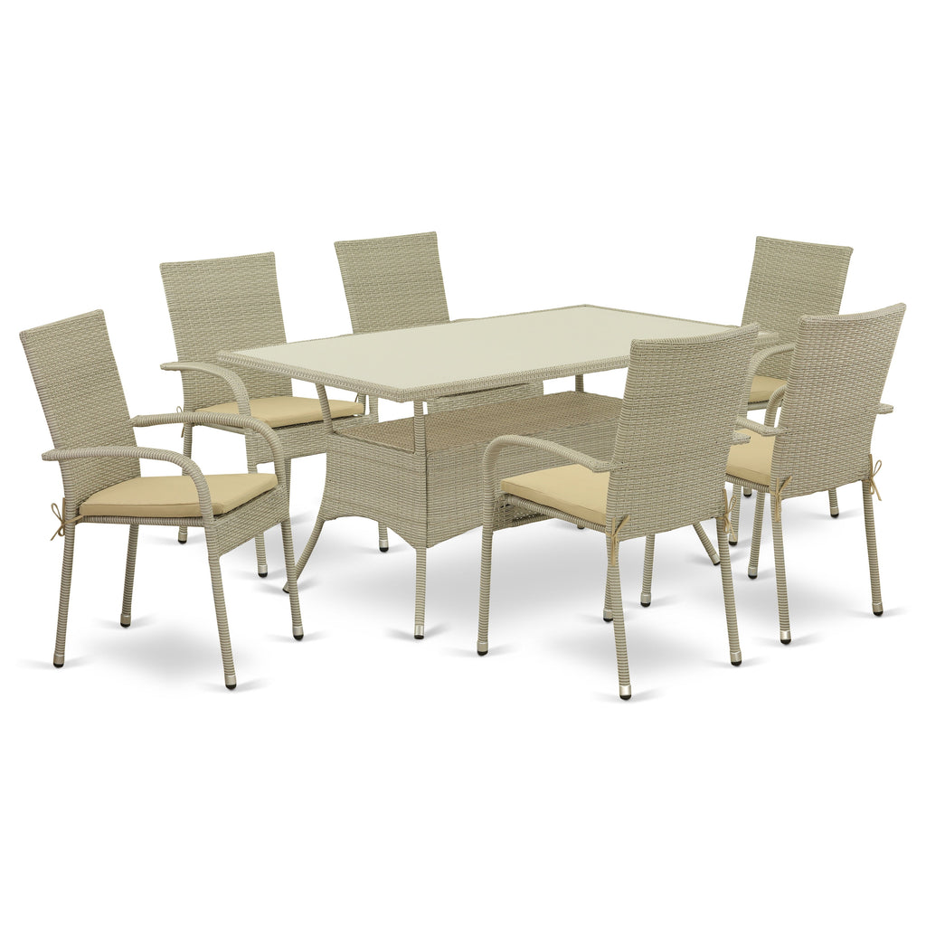 East West Furniture OSGU7-03A 7 Piece Outdoor Patio Conversation Sets Contains a Rectangle Wicker Dining Table with Glass Top and 6 Backyard Armchair with Cushion, 36x60 Inch, Natural Linen
