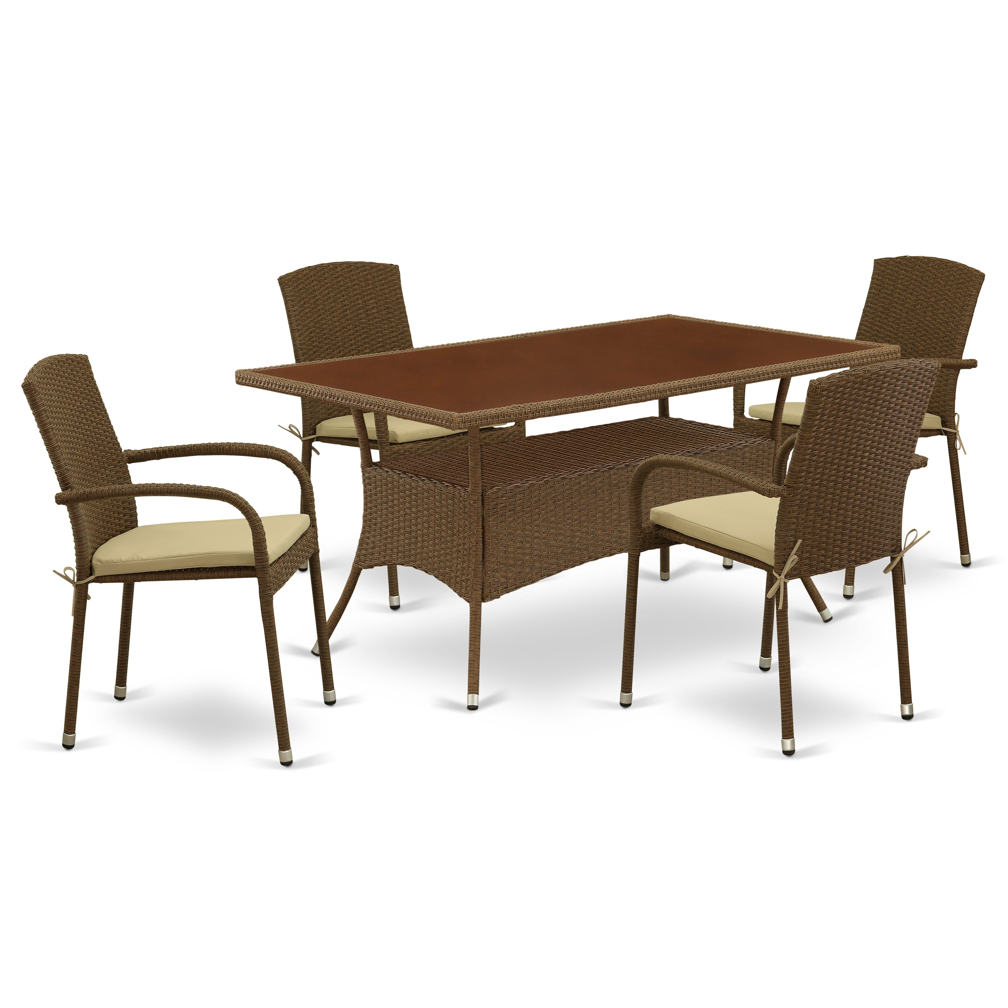 OSJU5-02A 5Pc Outdoor-Furniture Brown Wicker Dining Set Includes a Patio Table and 4 Balcony Backyard Armchair with Linen Fabric Cushion