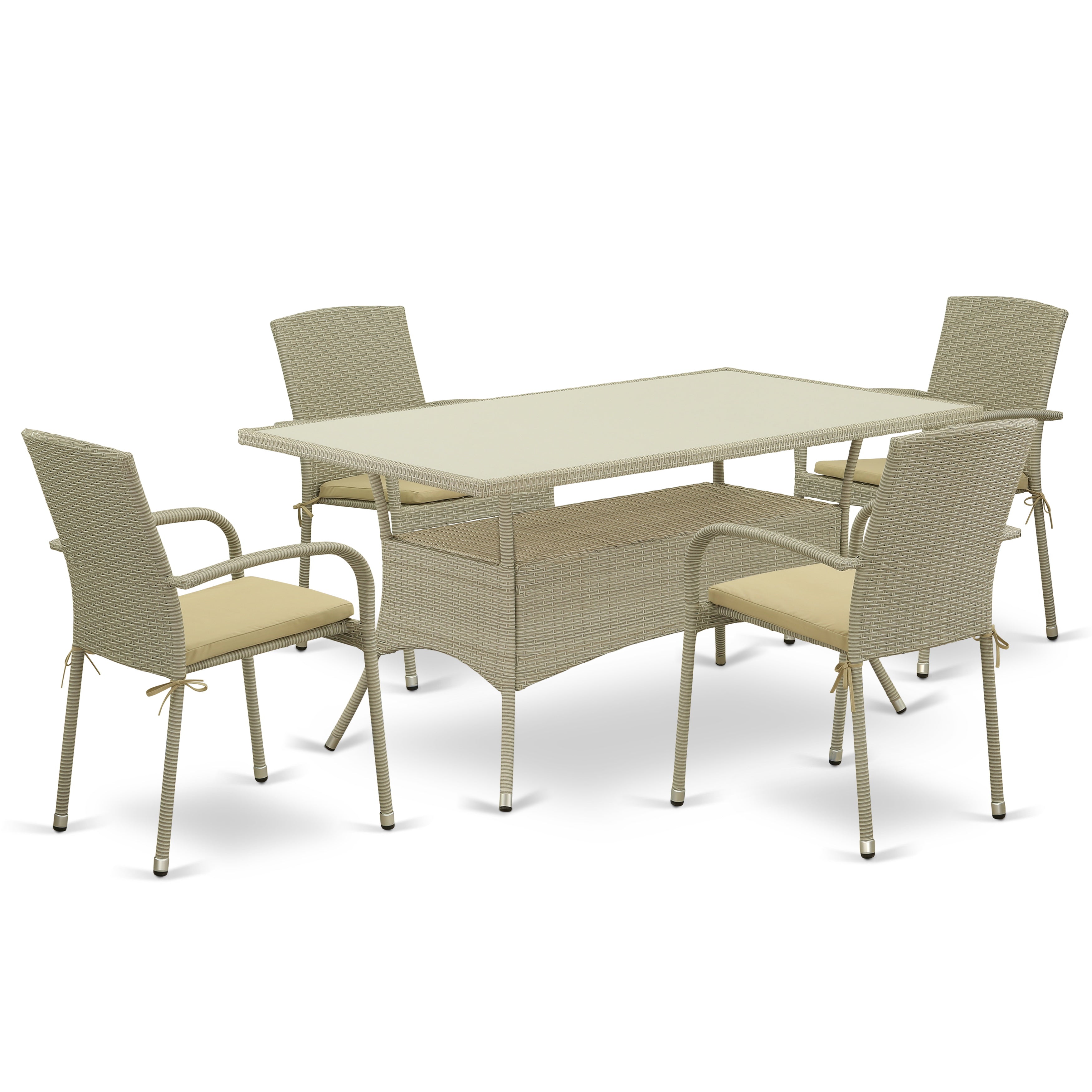 OSJU5-03A 5Pc Outdoor-Furniture Natural Color Wicker Dining Set Includes a Patio Table and 4 Balcony Backyard Armchair with Linen Fabric Cushion
