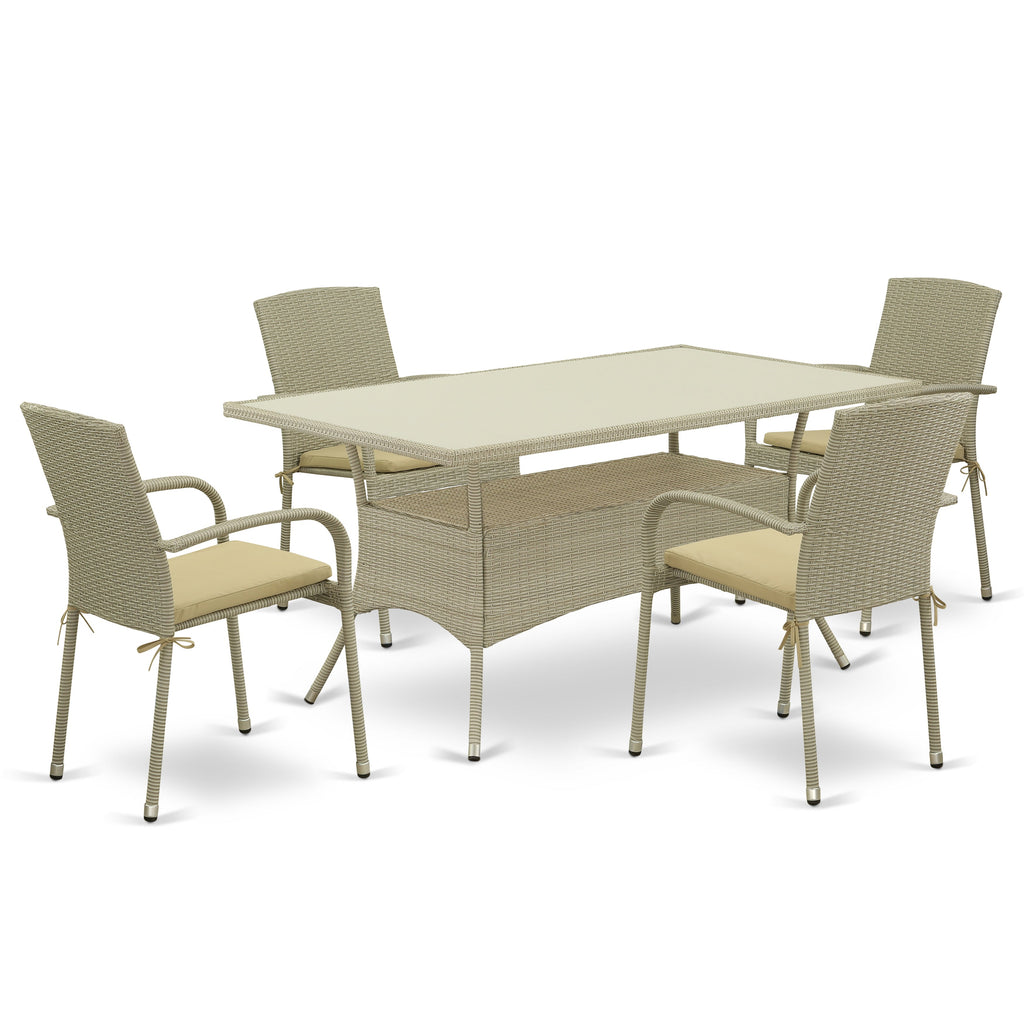 East West Furniture OSJU5-03A 5 Piece Outdoor Patio Conversation Sets Includes a Rectangle Wicker Dining Table with Glass Top and 4 Backyard Armchair with Cushion