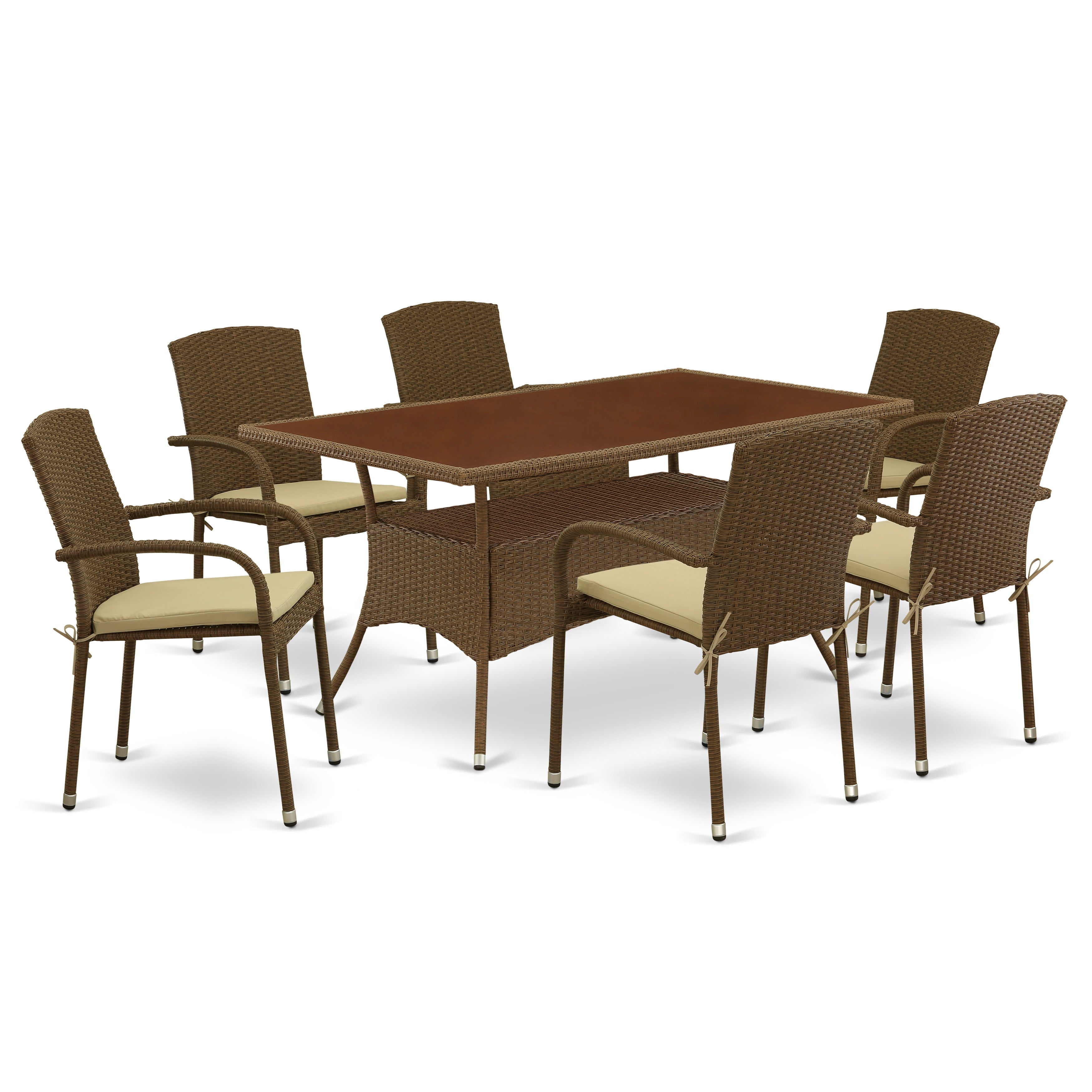 Los juegos de muebles de patio de mimbre para exterior OSJU7-02A de East West Furniture, de 7 piezas, constan de una mesa de comedor tipo bistró rectangular con cubierta de vidrio y 6 sillones de balcón con cojín.