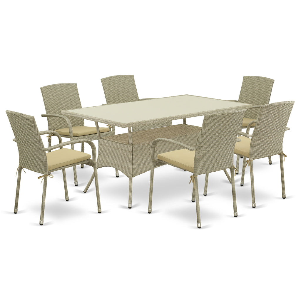 East West Furniture OSJU7-03A 7 Piece Outdoor Wicker Patio Furniture Sets Consist of a Rectangle Bistro Dining Table with Glass Top and 6 Balcony Armchair with Cushion
