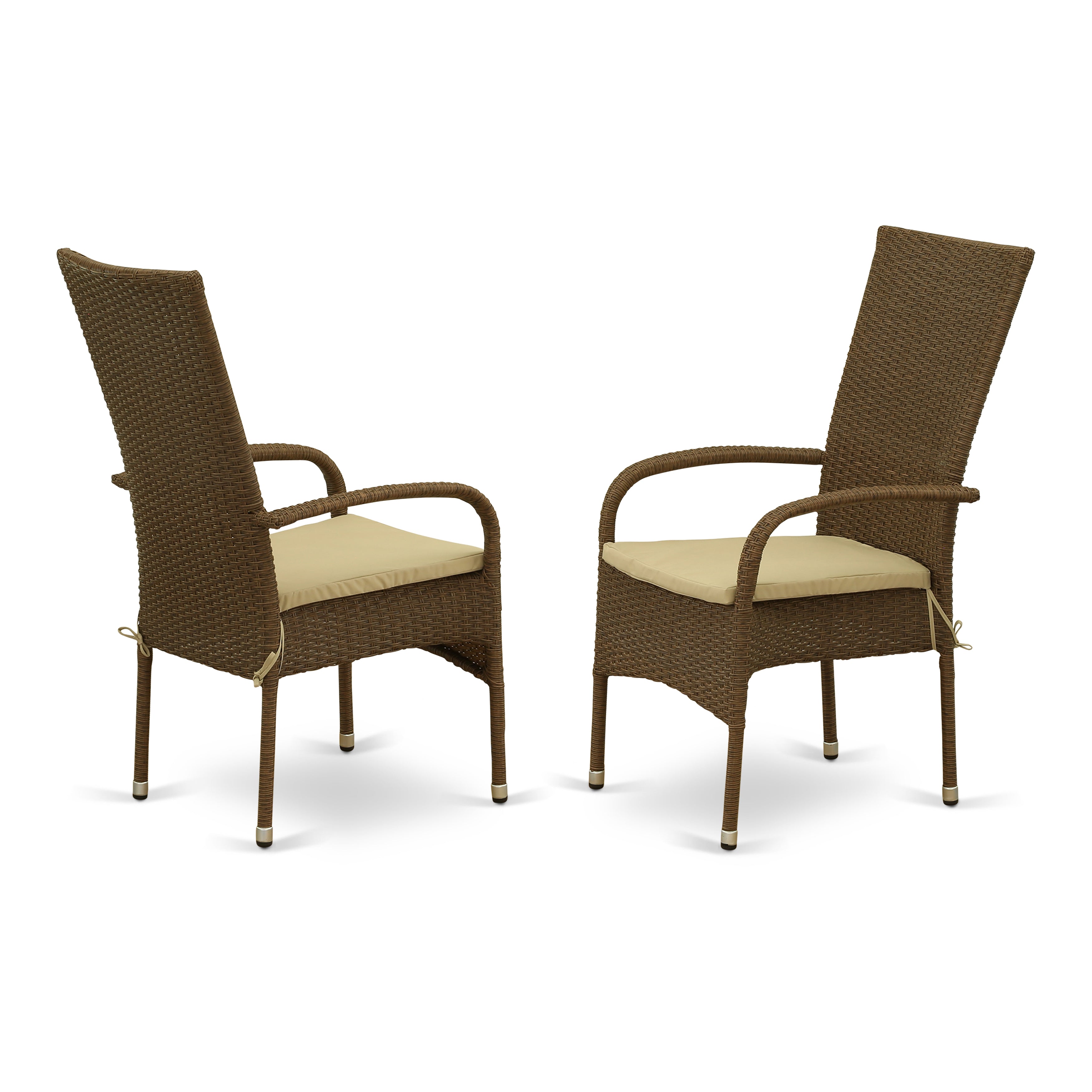 GUOS5-02A 5Pc Outdoor-Furniture Brown Wicker Dining Set Includes a Patio Table and 4 Balcony Backyard Armchair with Linen Fabric Cushion