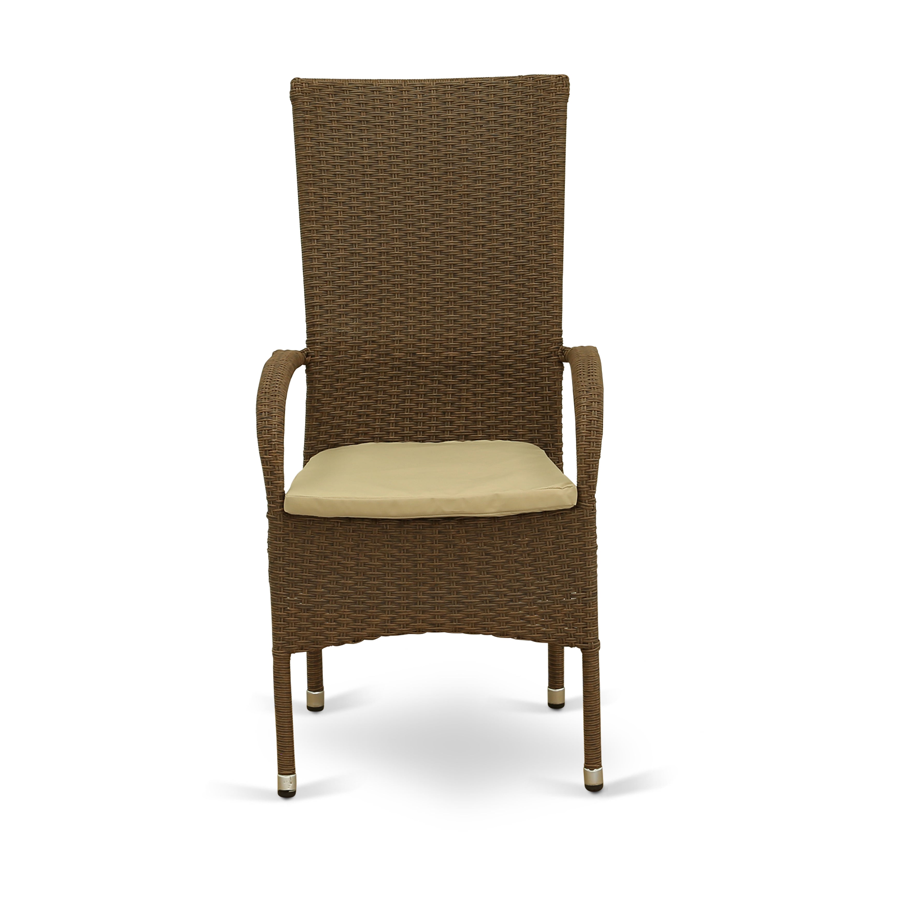 JUOS7-02A 7Pc Outdoor-Furniture Brown Wicker Dining Set Includes a Patio Table and 6 Balcony Backyard Armchair with Linen Fabric Cushion