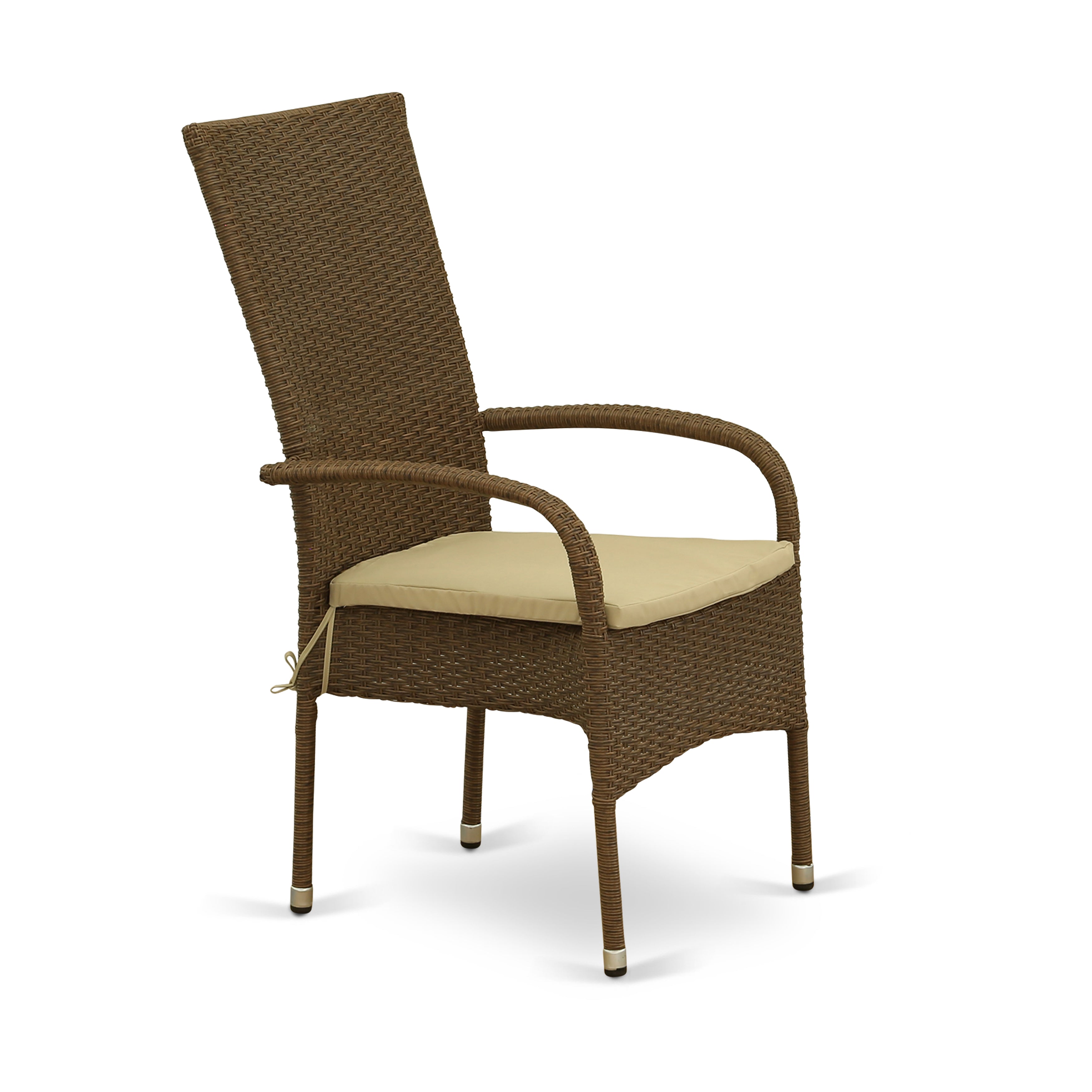 JUOS5-02A 5Pc Outdoor-Furniture Brown Wicker Dining Set Includes a Patio Table and 4 Balcony Backyard Armchair with Linen Fabric Cushion