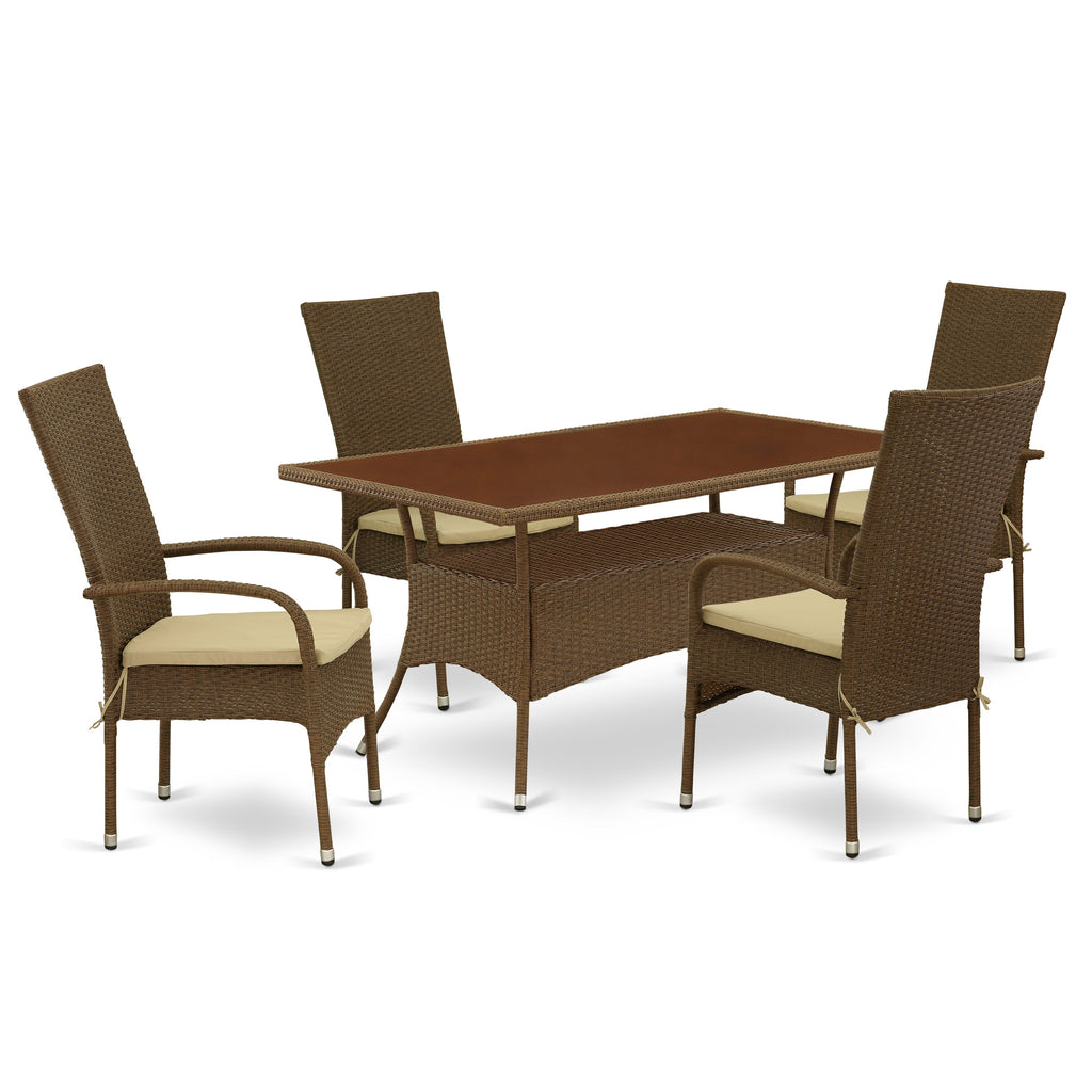 East West Furniture OSOS5-02A 5 Piece Outdoor Patio Conversation Sets Includes a Rectangle Wicker Dining Table with Glass Top and 4 Balcony Backyard Armchair with Cushion, 36x60 Inch, Brown