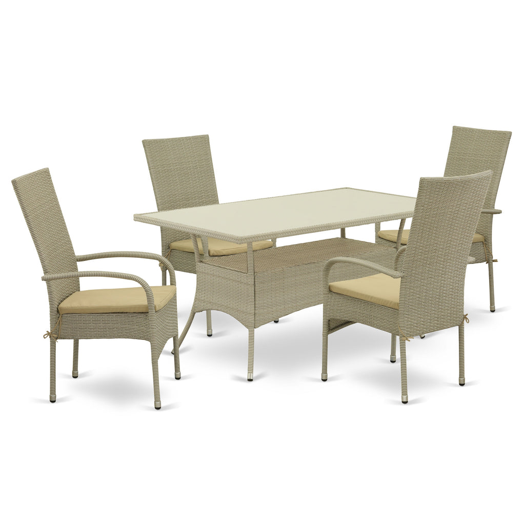 East West Furniture OSOS5-03A 5 Piece Outdoor Patio Conversation Sets Includes a Rectangle Wicker Dining Table with Glass Top and 4 Balcony Backyard Armchair with Cushion