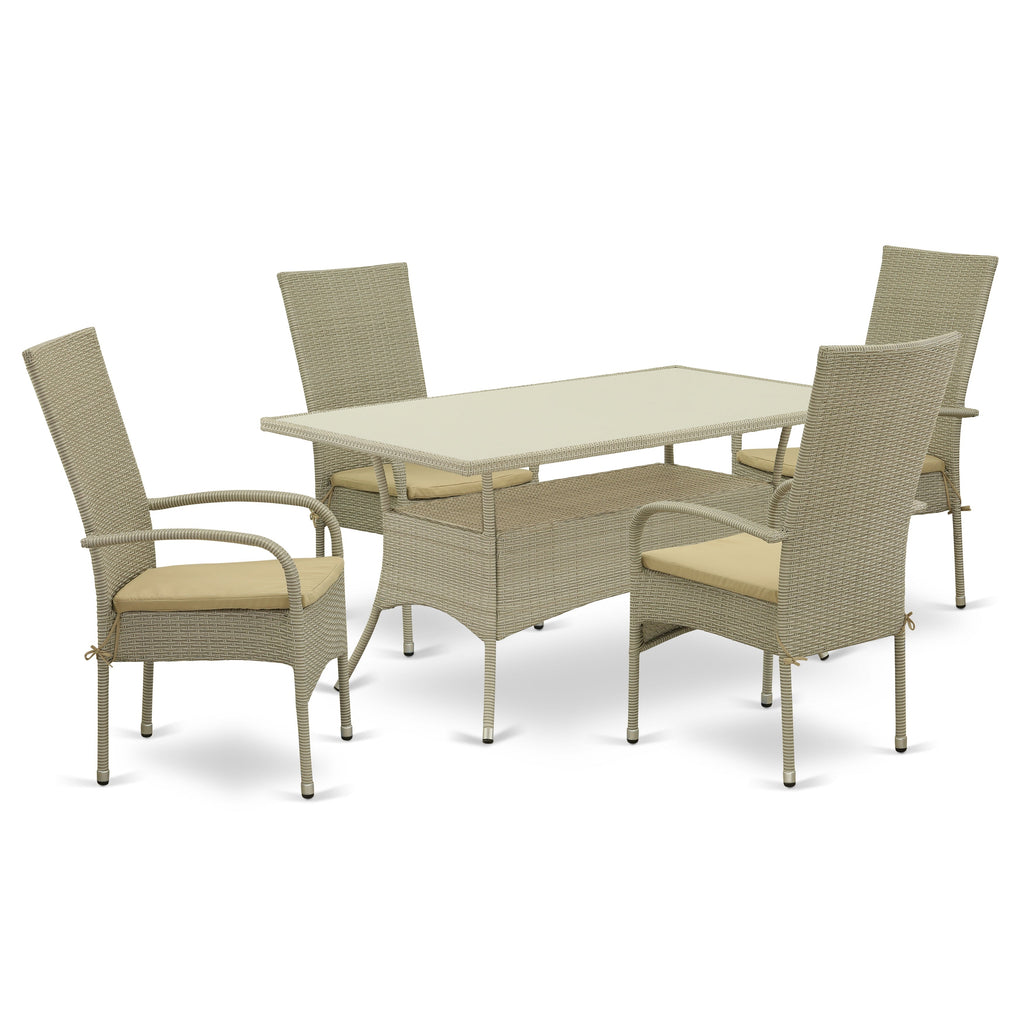 East West Furniture OSOS5-03A 5 Piece Outdoor Patio Conversation Sets Includes a Rectangle Wicker Dining Table with Glass Top and 4 Balcony Backyard Armchair with Cushion, 36x60 Inch, Natural Linen