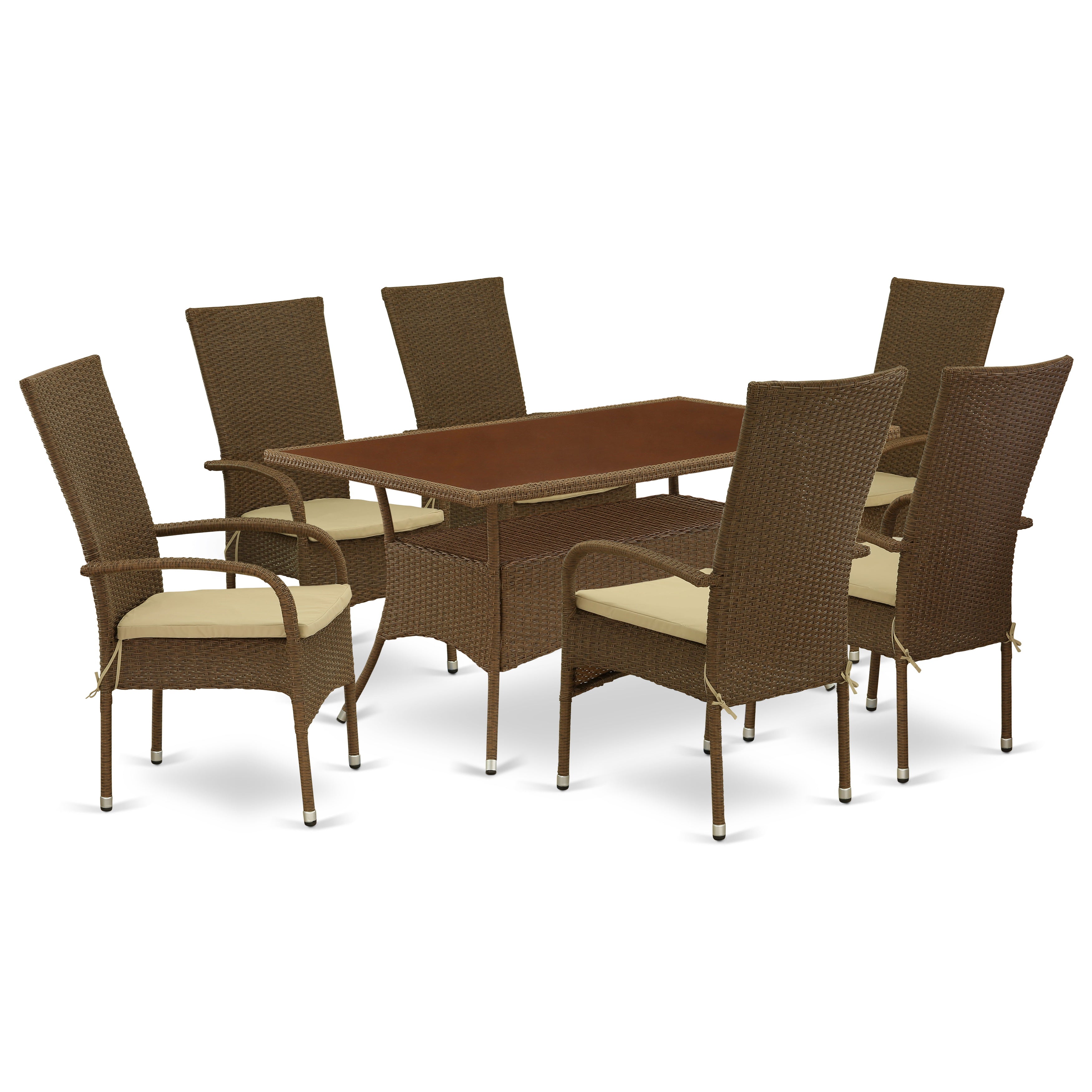 Juego de muebles de patio de mimbre OSOS7-02A de East West Furniture de 7 piezas que consta de una mesa rectangular para exterior con tapa de vidrio y 6 sillones para balcón y patio trasero con cojín.