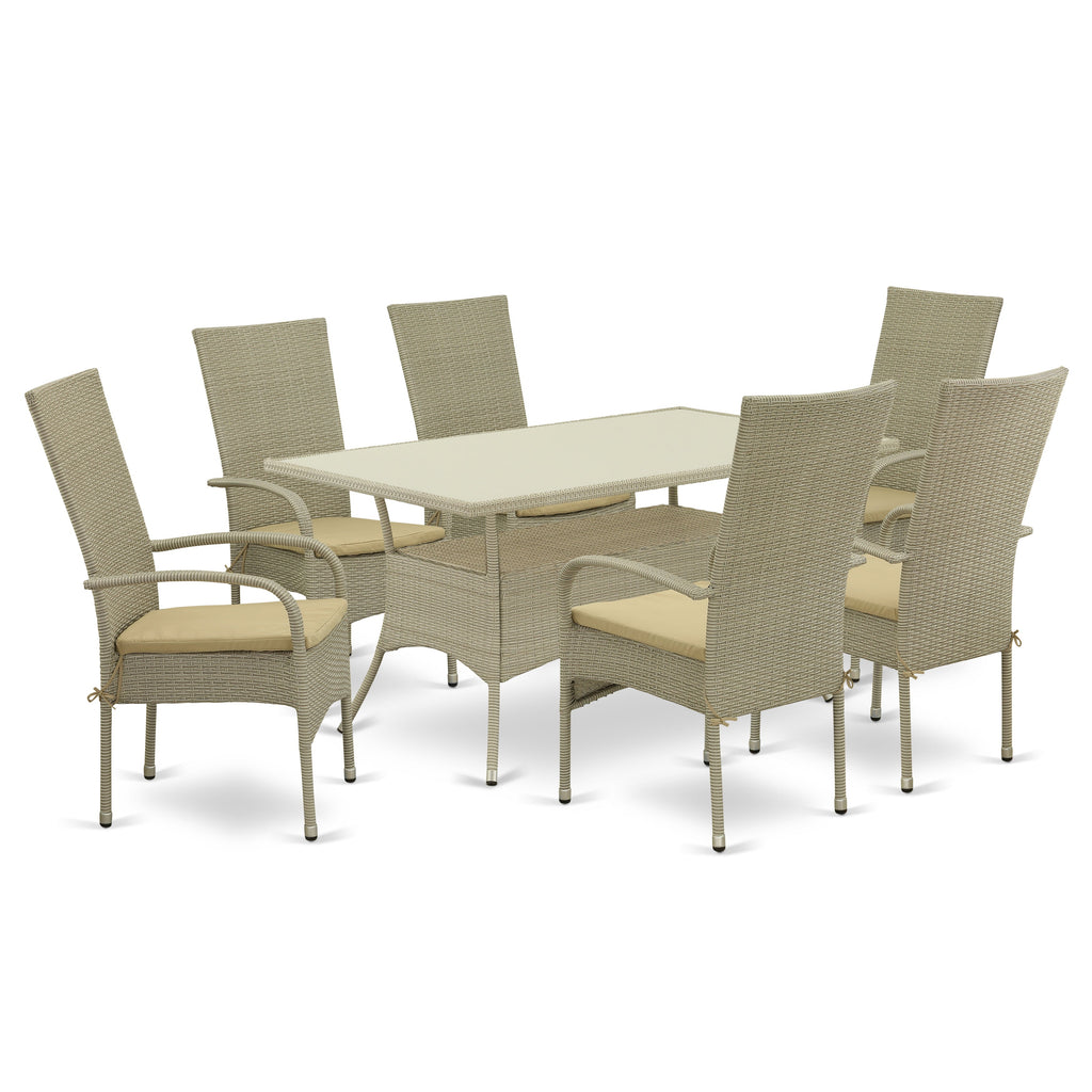 East West Furniture OSOS7-03A 7 Piece Patio Furniture Sets Wicker Outdoor Set Consist of a Rectangle Dining Table with Glass Top and 6 Balcony Armchair with Cushion