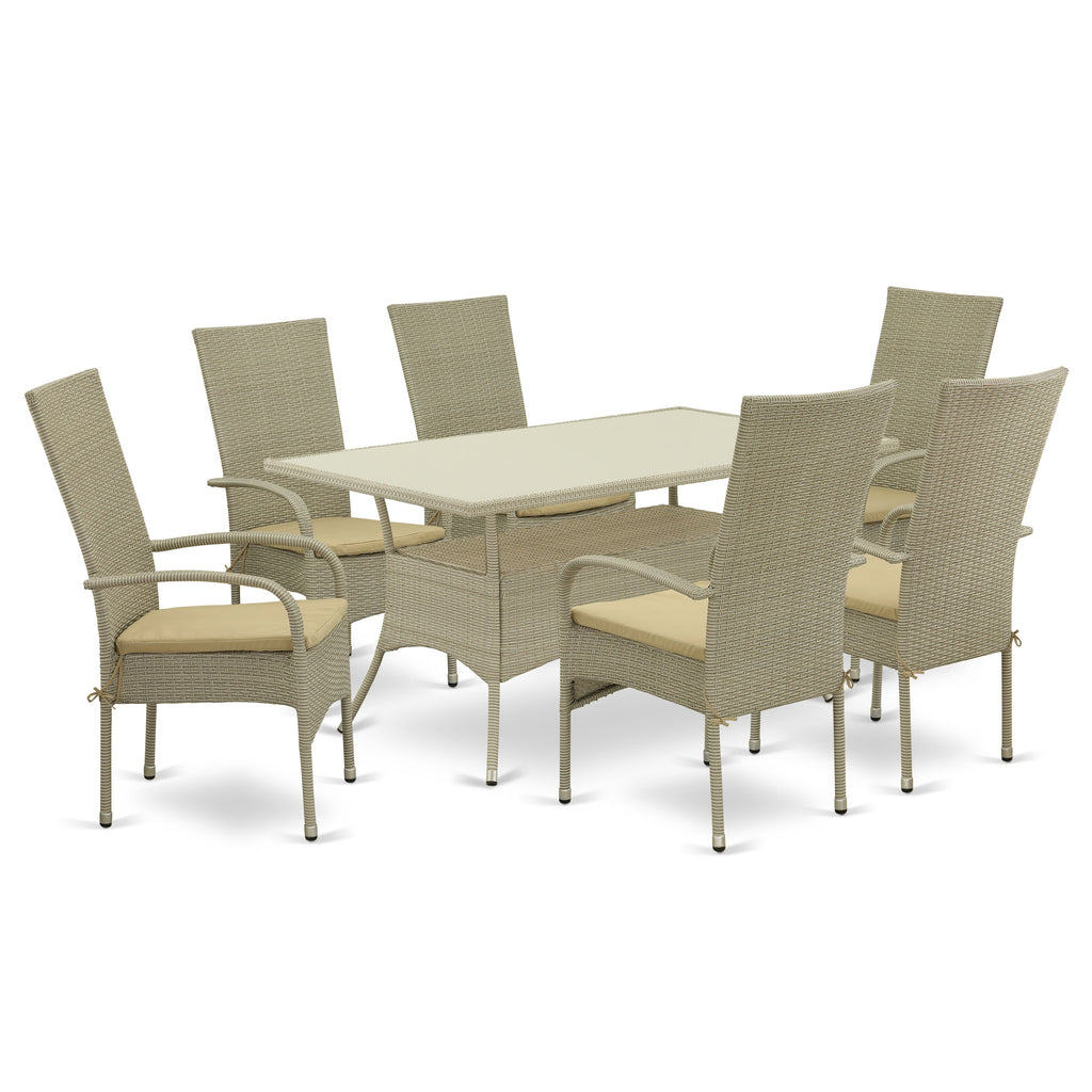 East West Furniture OSOS7-03A 7 Piece Patio Furniture Sets Wicker Outdoor Set Consist of a Rectangle Dining Table with Glass Top and 6 Balcony Armchair with Cushion, 36x60 Inch, Natural Linen