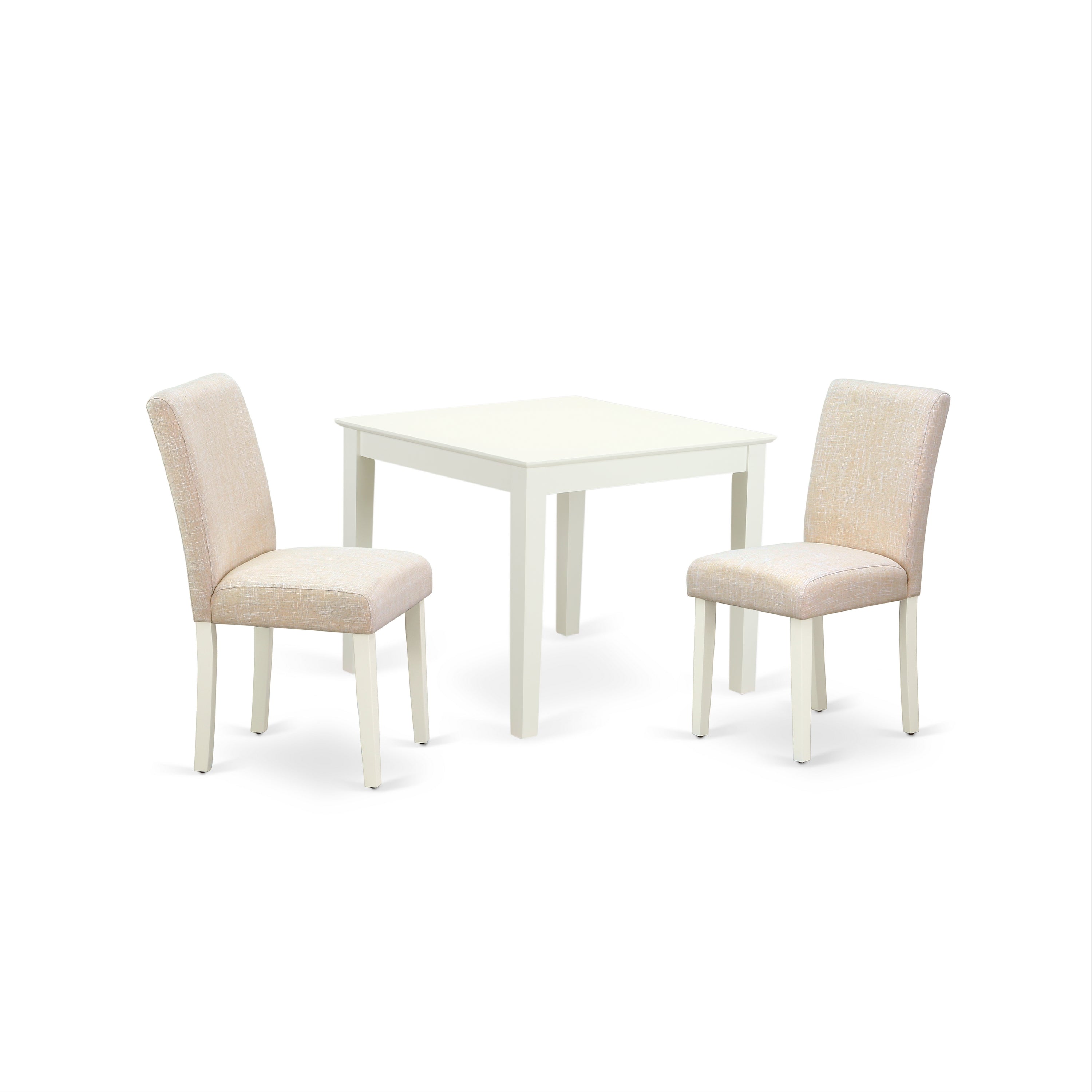 Juego de mesa de comedor moderna de 3 piezas OXAB3-LWH-02 de East West Furniture. Contiene una mesa cuadrada de madera y dos sillas Parson tapizadas en tela de lino beige claro.