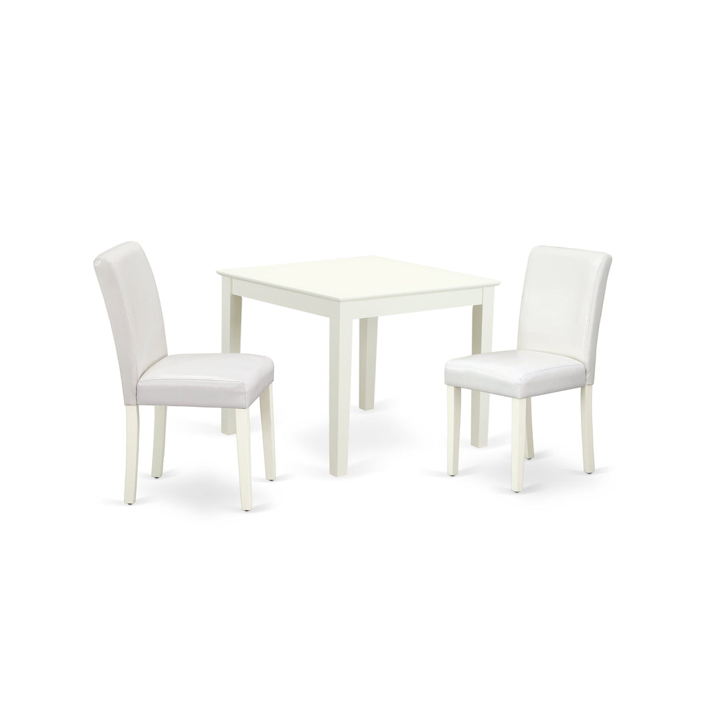 East West Furniture OXAB3-LWH-64 3 Piece Dining Table Set for Small Spaces Contains a Square Dining Room Table and 2 White Faux Leather Upholstered Parson Chairs