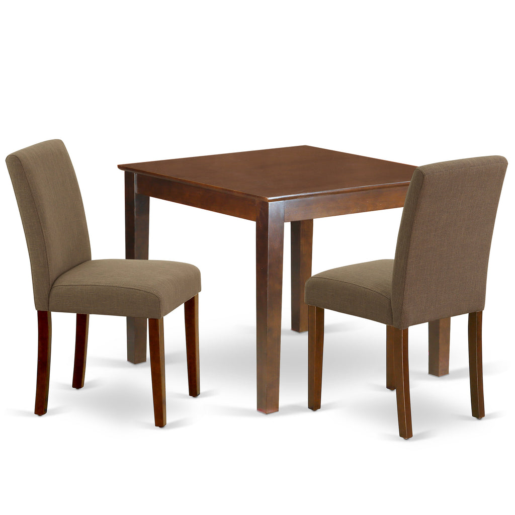 East West Furniture OXAB3-MAH-18 3 Piece Kitchen Table Set for Small Spaces Contains a Square Dining Room Table and 2 Coffee Linen Fabric Parsons Dining Chairs