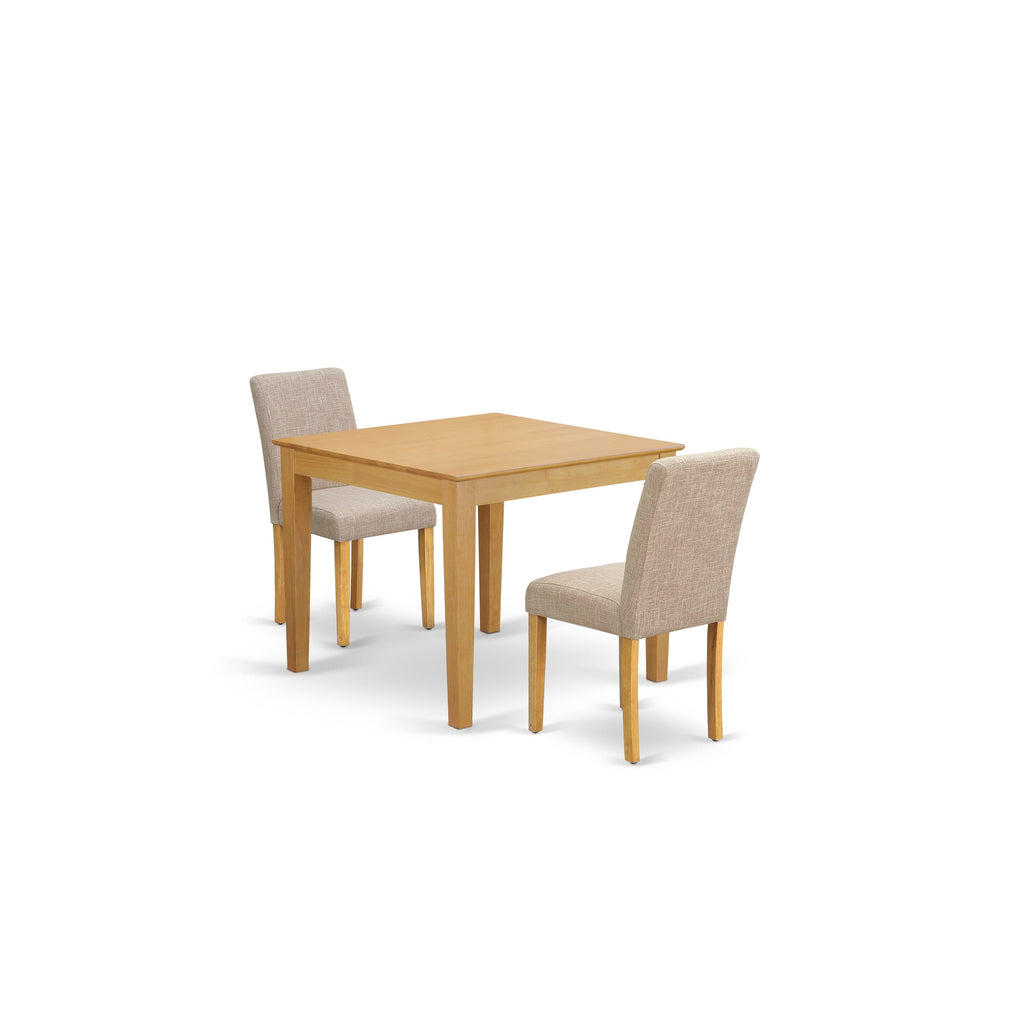 East West Furniture OXAB3-OAK-04 3 Piece Dining Table Set for Small Spaces Contains a Square Wooden Table and 2 Light Tan Linen Fabric Parson Dining Room Chairs