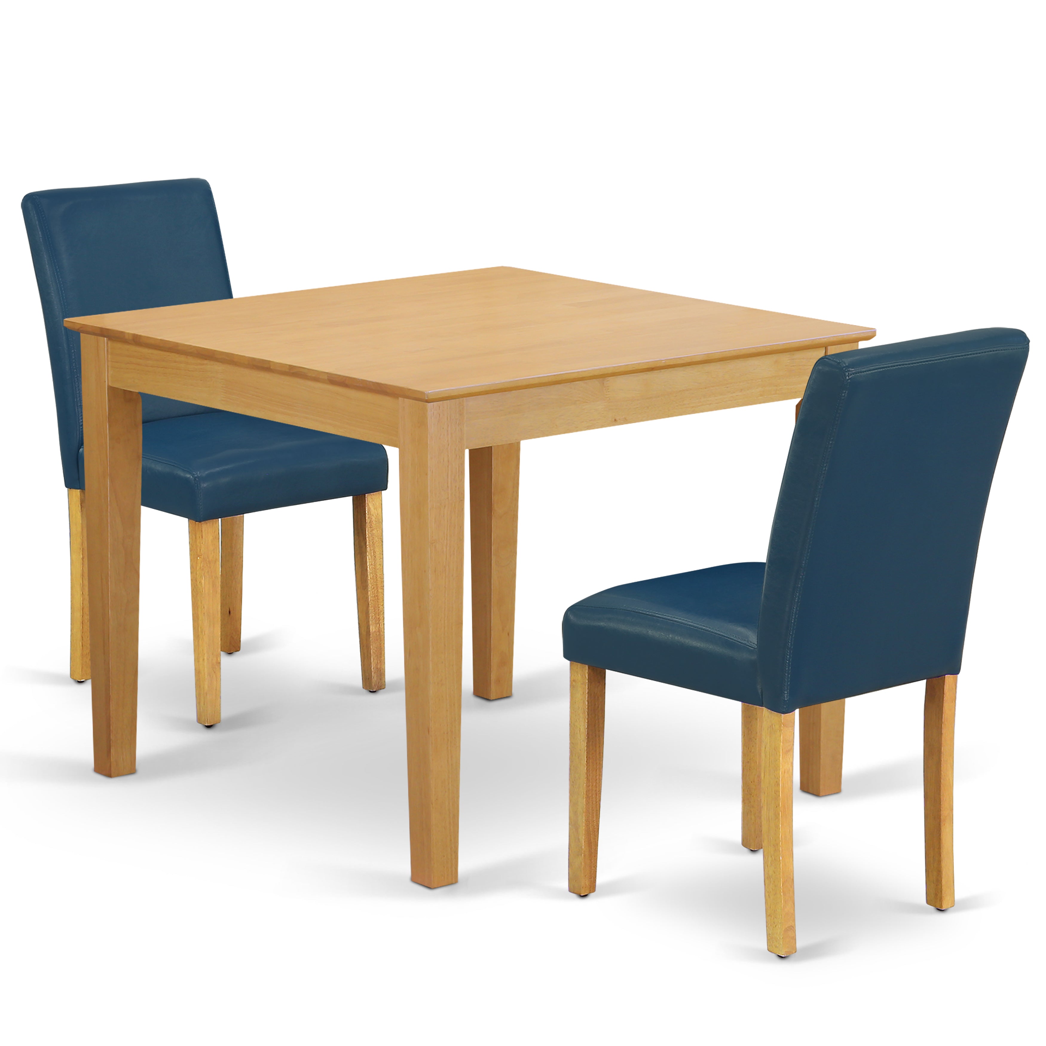 Juego de mesa de cocina de 3 piezas East West Furniture OXAB3-OAK-55 para espacios pequeños. Incluye una mesa de comedor cuadrada y dos sillas tapizadas en piel sintética azul oasis.