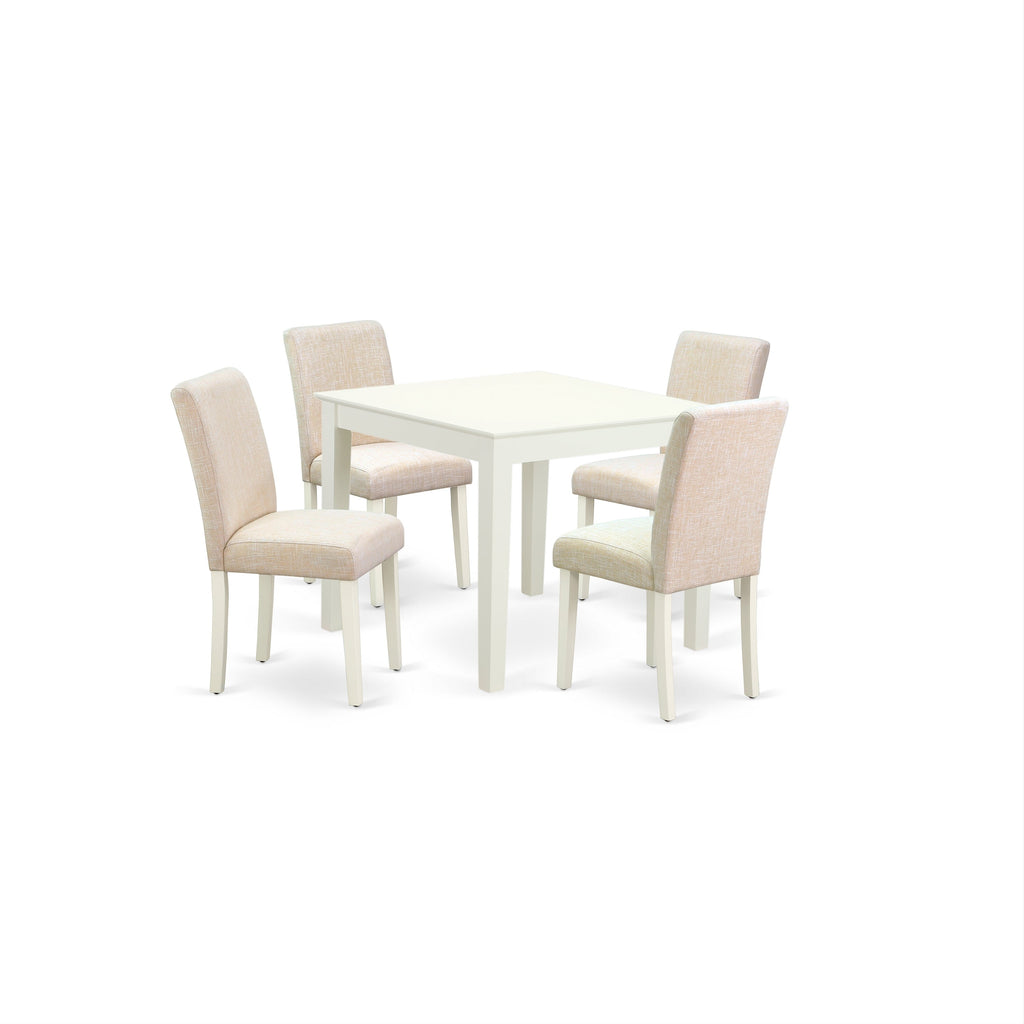 East West Furniture OXAB5-LWH-02 5 Piece Dining Table Set for 4 Includes a Square Kitchen Table and 4 Light Beige Linen Fabric Upholstered Parson Chairs