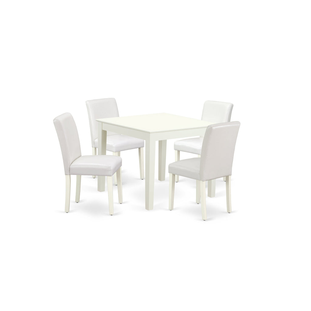 East West Furniture OXAB5-LWH-64 5 Piece Dining Room Table Set Includes a Square Wooden Table and 4 White Faux Leather Upholstered Parson Chairs