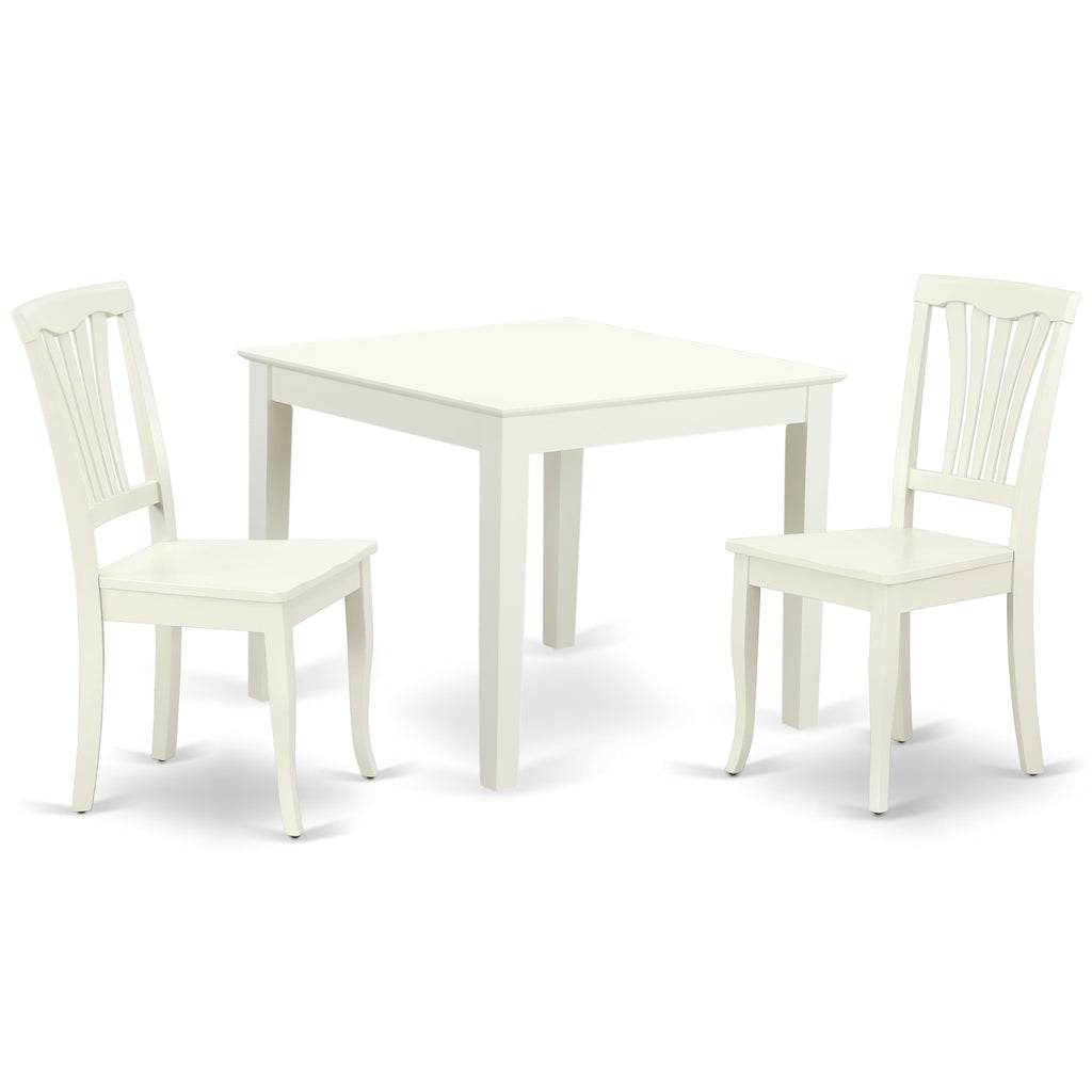 East West Furniture OXAV3-LWH-W 3 Piece Dining Room Furniture Set Contains a Square Dining Table and 2 Wood Seat Chairs