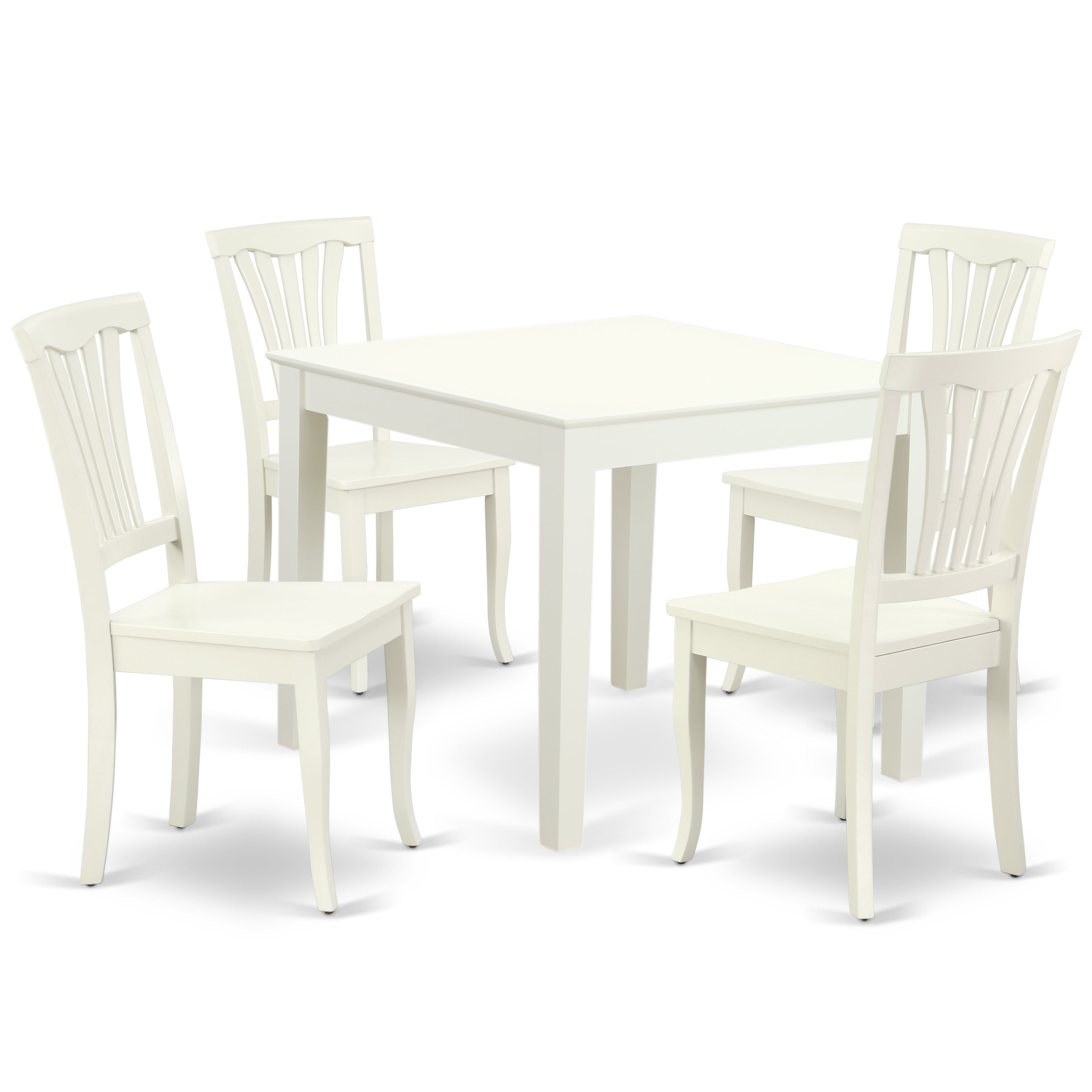 Juego de comedor de 5 piezas East West Furniture OXAV5-LWH-W para 4 personas. Incluye una mesa de comedor cuadrada y 4 sillas de comedor.