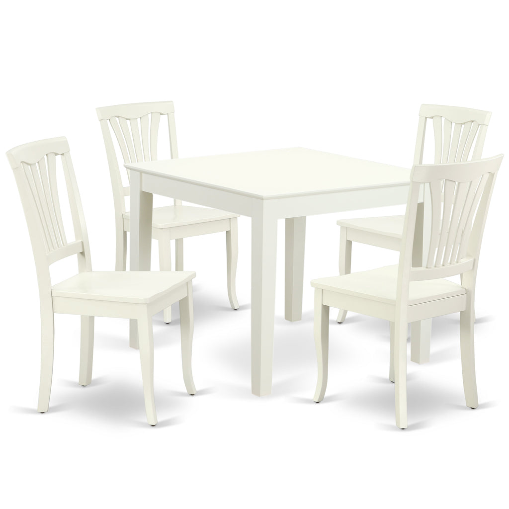 Juego de comedor de 5 piezas East West Furniture OXAV5-LWH-W para 4 personas. Incluye una mesa de comedor cuadrada y 4 sillas de comedor.