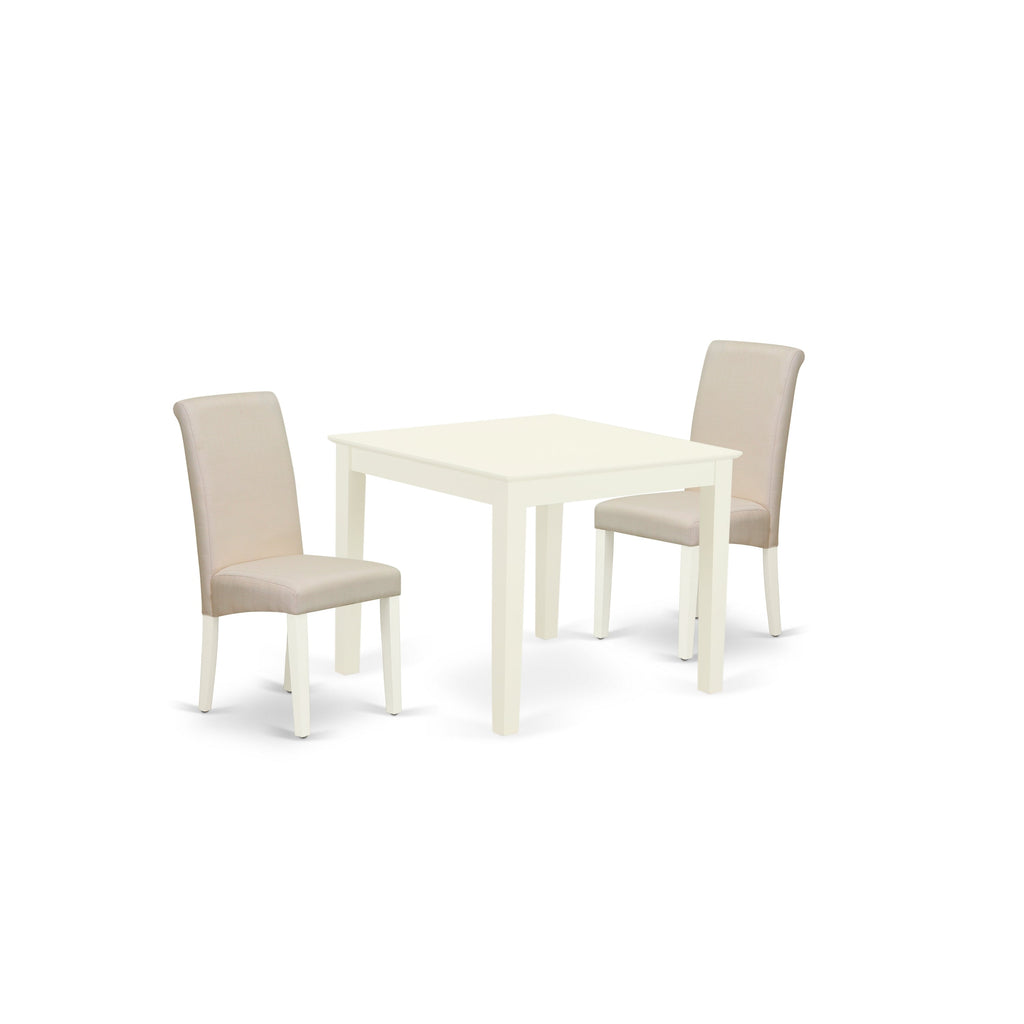 East West Furniture OXBA3-LWH-01 3 Piece Kitchen Table Set for Small Spaces Contains a Square Dining Room Table and 2 Cream Linen Fabric Upholstered Chairs