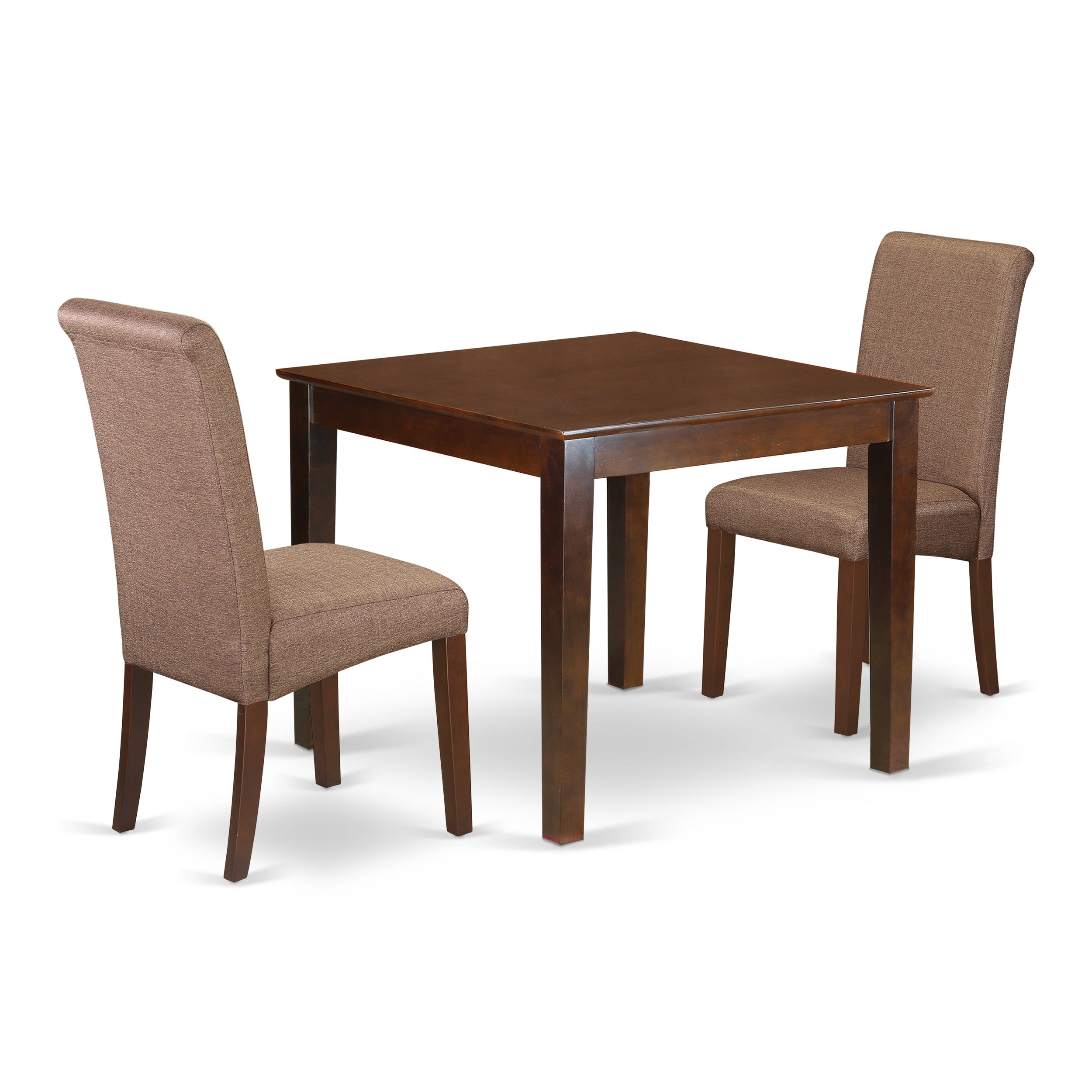 Juego de mesa de comedor de 3 piezas OXBA3-MAH-18 de East West Furniture. Contiene una mesa de comedor cuadrada y 2 sillas tapizadas en tela de lino marrón.