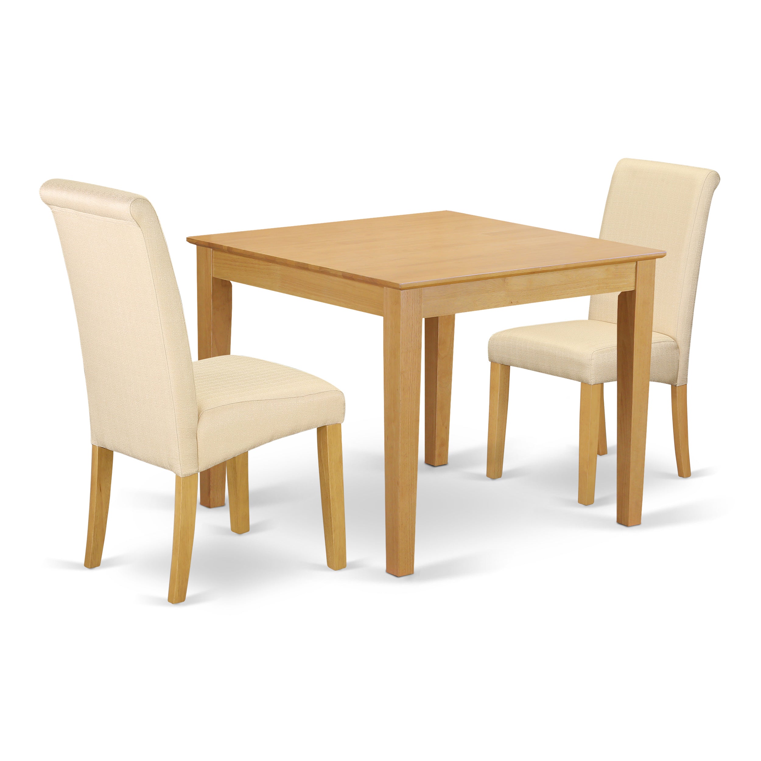 Juego de comedor de 3 piezas East West Furniture OXBA3-OAK-02. Incluye una mesa de comedor cuadrada y dos sillas Parsons de tela de lino beige claro.