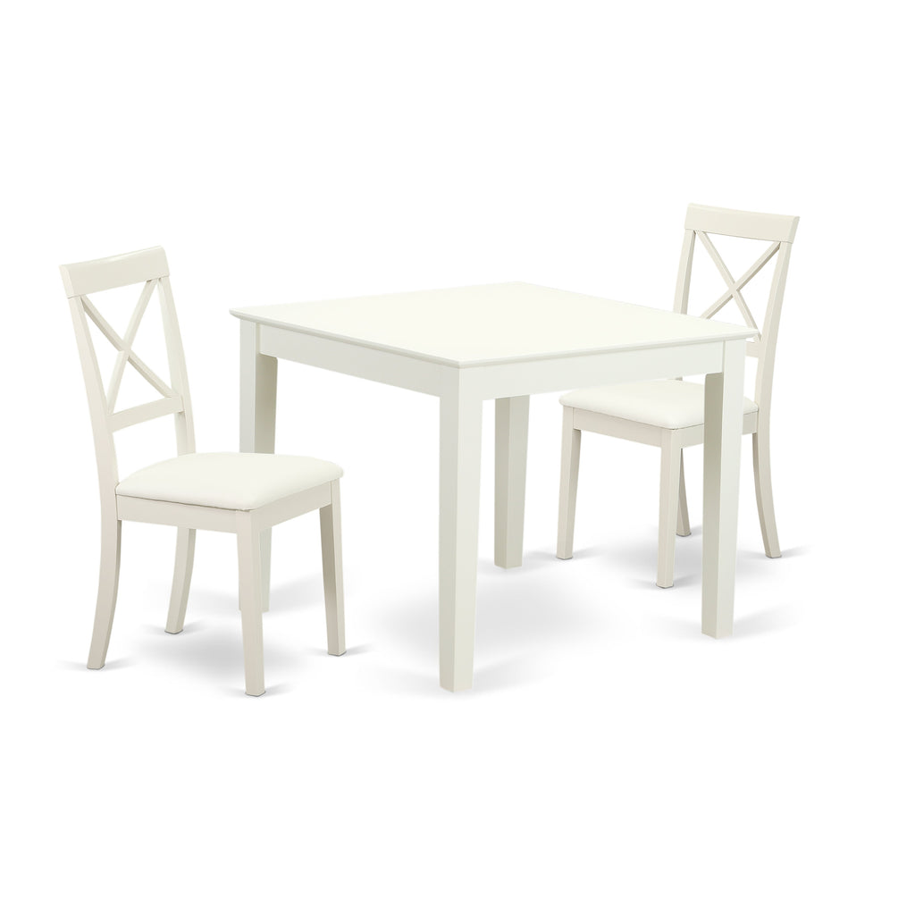 East West Furniture OXBO3-LWH-LC 3 Piece Modern Dining Table Set Contains a Square Wooden Table and 2 Faux Leather Dining Room Chairs