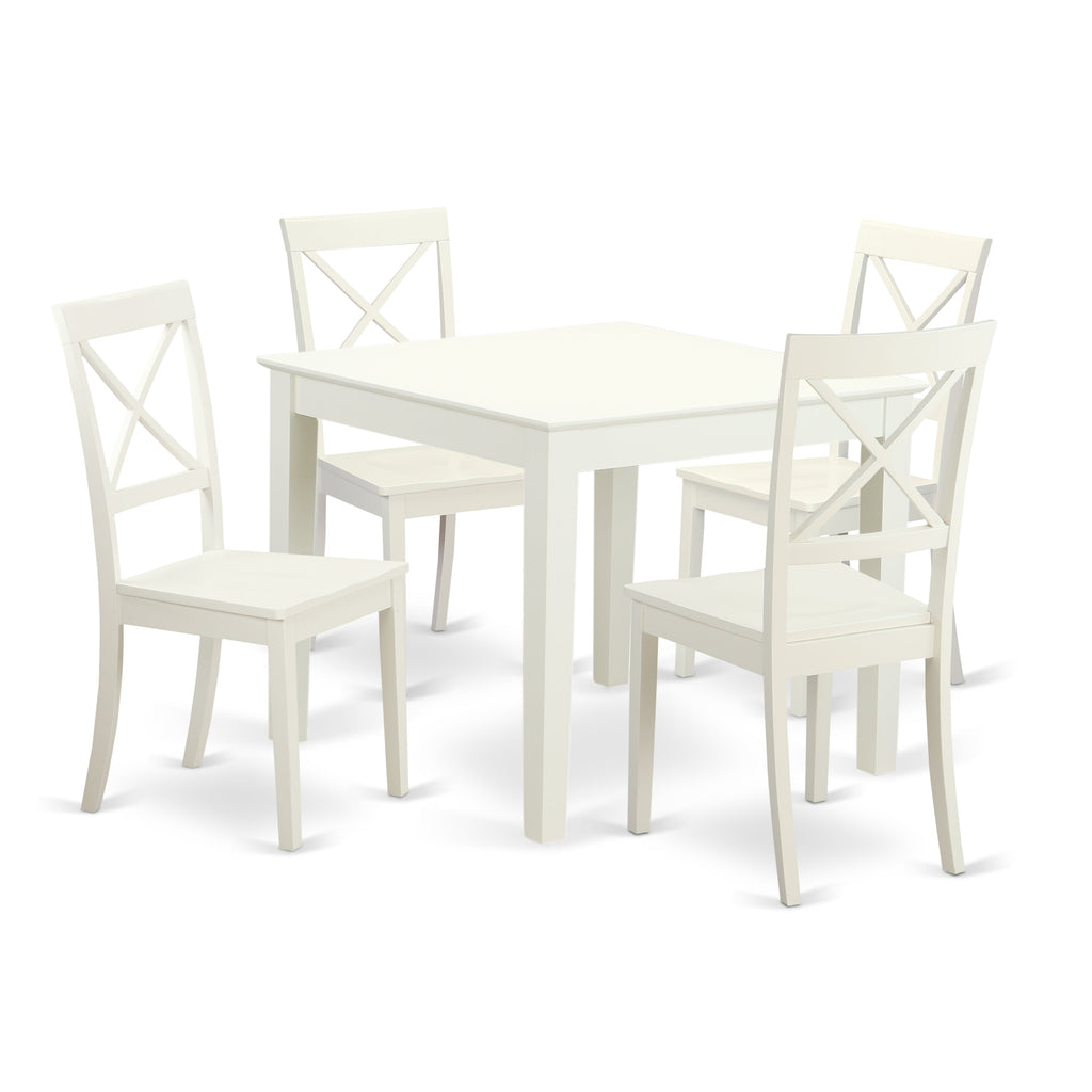 East West Furniture OXBO5-LWH-W 5 Piece Modern Dining Table Set Includes a Square Wooden Table and 4 Dining Chairs