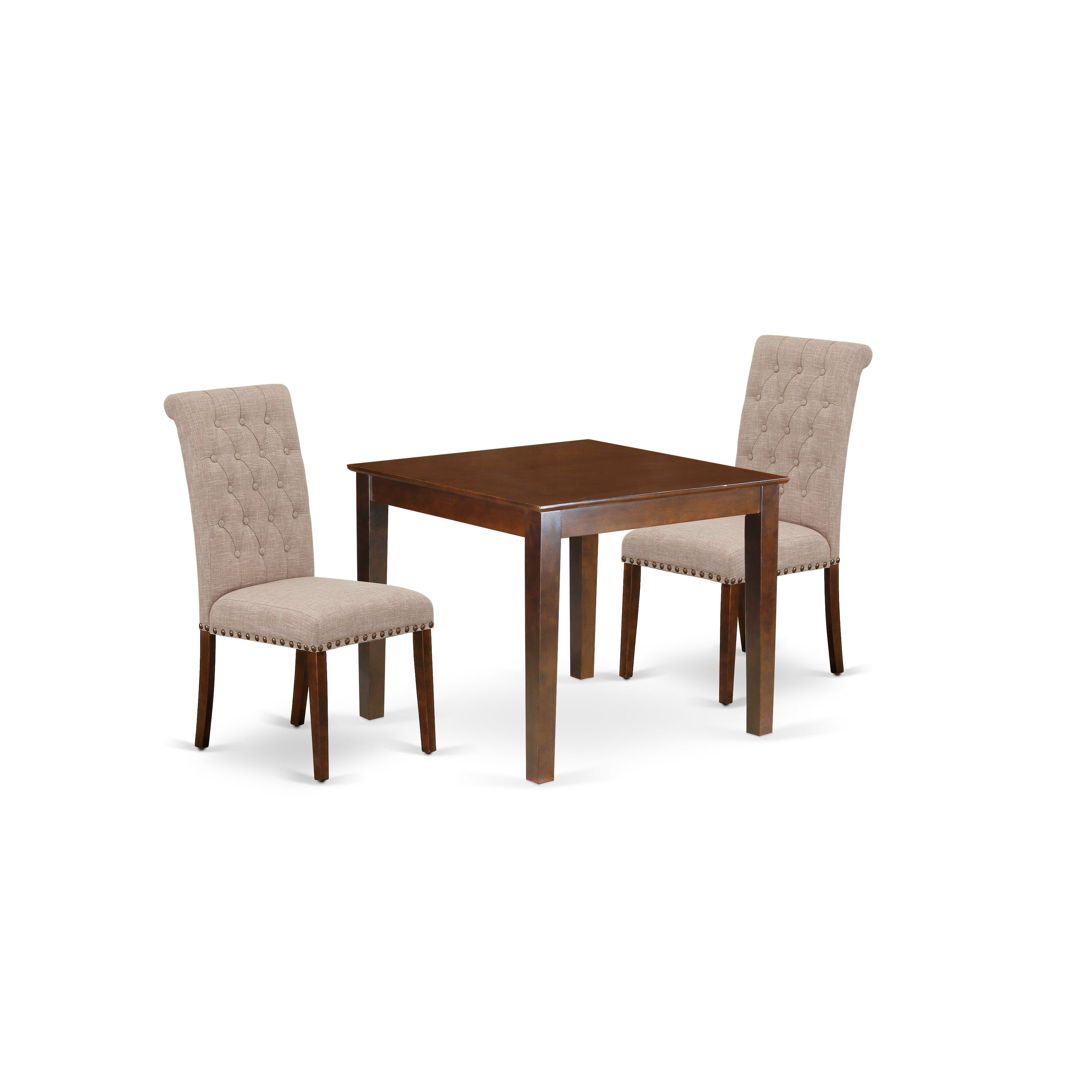 Juego de comedor de 3 piezas East West Furniture OXBR3-MAH-04. Incluye una mesa de comedor cuadrada y dos sillas tapizadas en tela de lino color tostado claro.