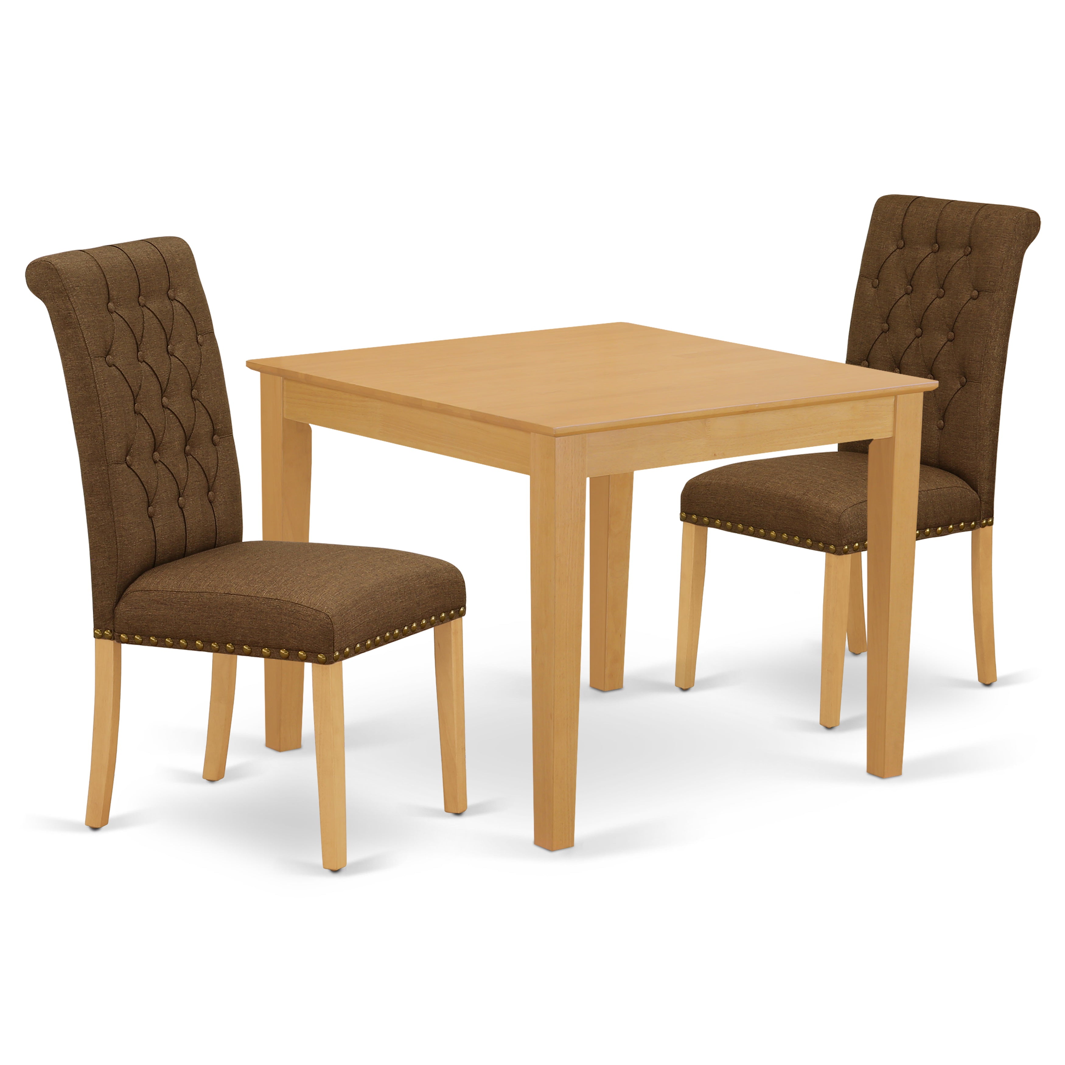 OXBR3-OAK-18 3Pc Dinette Set Includes a Square Kitchen Table and Two Parson Chairs with Dark Coffee Fabric, Oak Finish