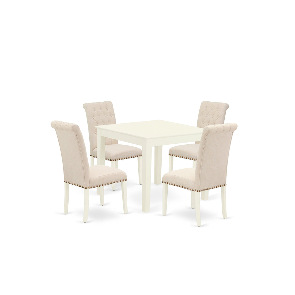 East West Furniture OXBR5-LWH-02 5 Piece Kitchen Table Set for 4 Includes a Square Dining Room Table and 4 Light Beige Linen Fabric Upholstered Parson Chairs, 36x36 Inch, Linen White