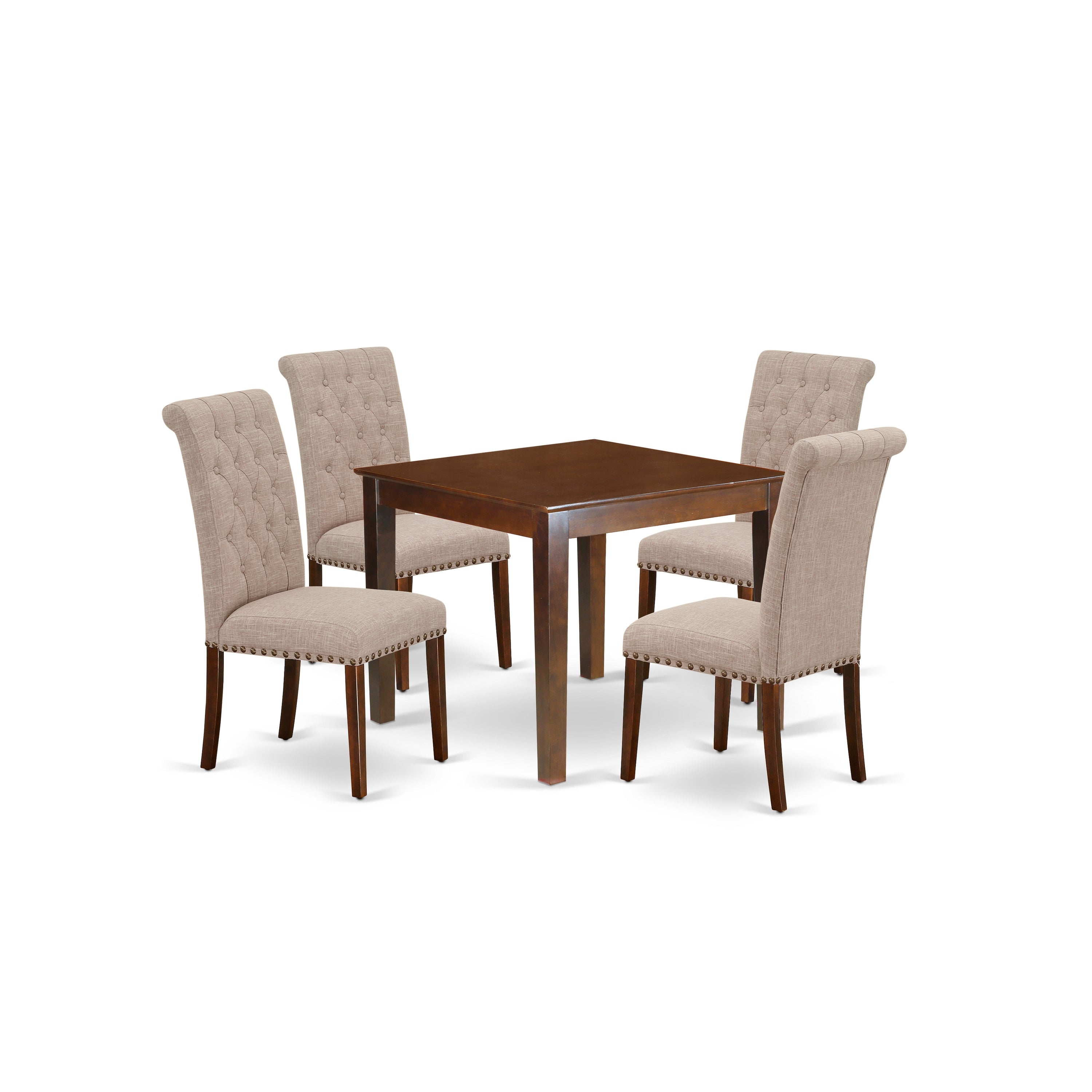 OXBR5-MAH-04 5Pc Dining Set Includes a Square Dinette Table and Four Parson Chairs with Light Fawn Fabric, Mahogany Finish