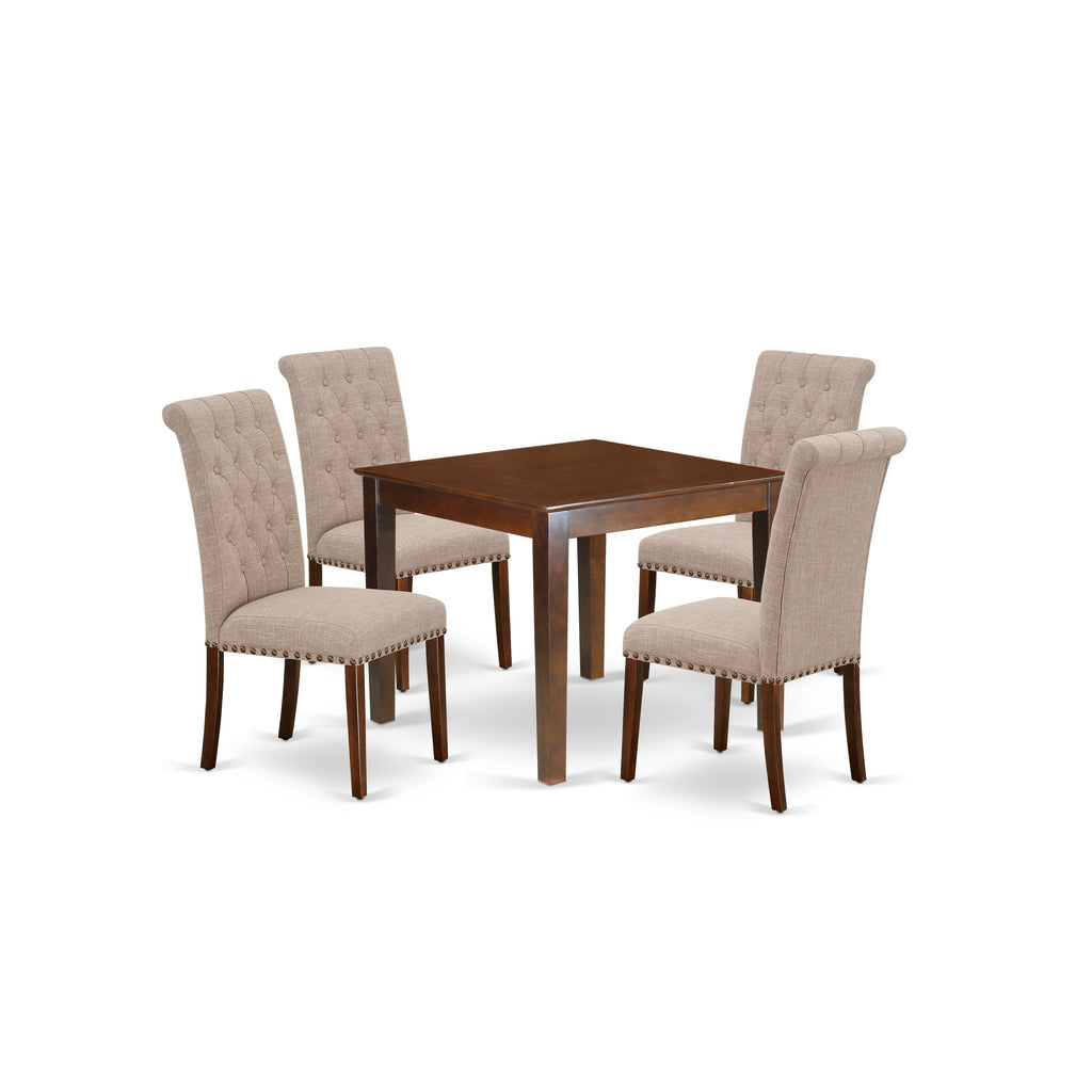 East West Furniture OXBR5-MAH-04 5 Piece Dining Room Table Set Includes a Square Wooden Table and 4 Light Tan Linen Fabric Upholstered Parson Chairs, 36x36 Inch, Mahogany