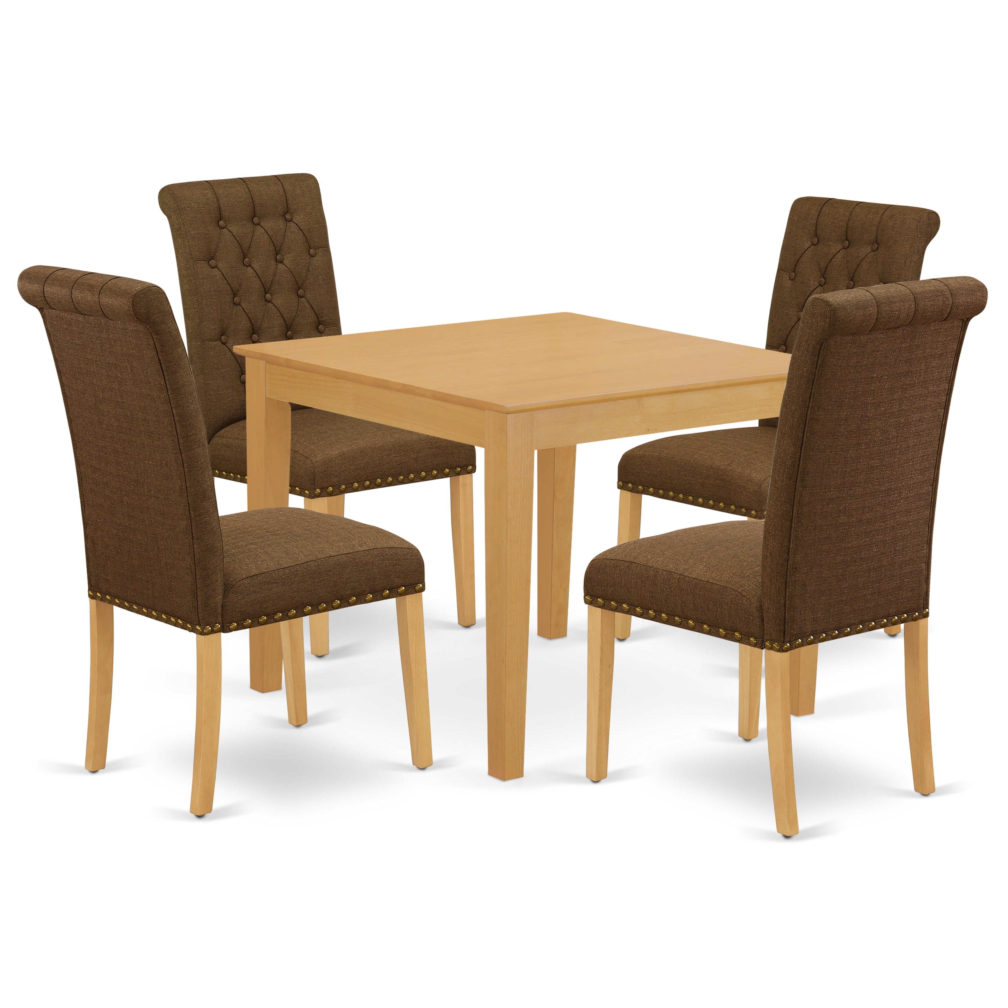 OXBR5-OAK-18 5Pc Dining Set Includes a Square Dinette Table and Four Parson Chairs with Dark Coffee Fabric, Oak Finish
